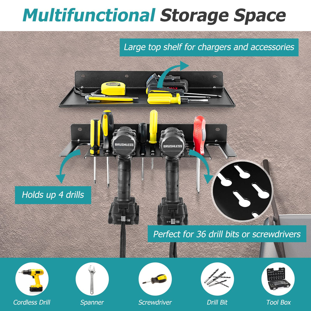 Electric Drill Storage Rack, Wall Mounted Drill Holder & Floating Shelf