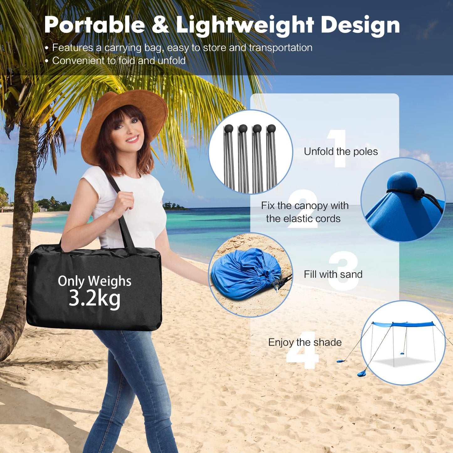 Large Beach Tent Canopy With Sandbags Sand Shovel UPF50+ Windproof (210 x 210 x 180 cm)