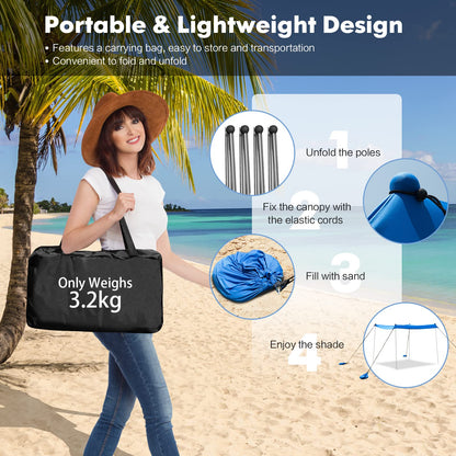 Large Beach Tent Canopy With Sandbags Sand Shovel UPF50+ Windproof (210 x 210 x 180 cm)
