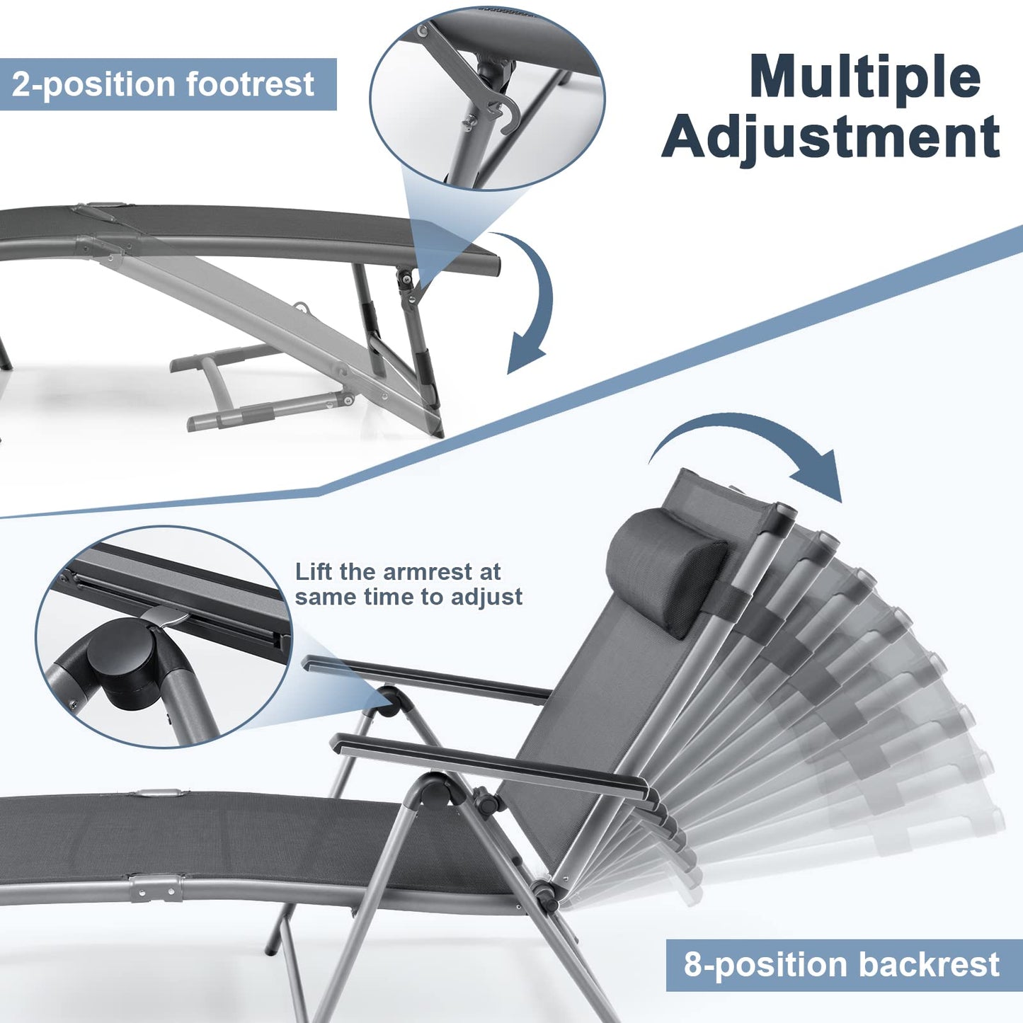 Outdoor Aluminum Chaise Lounge Chair with 8 Back and 2 Leg Adjustable Positions