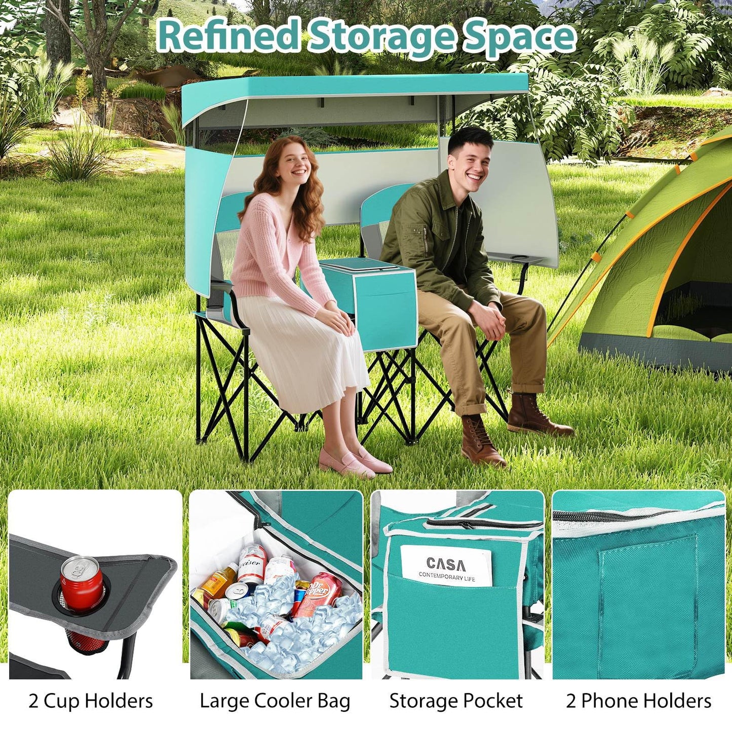 Double Beach Chair with Adjustable Canopy and 3 -Side Shading Curtains