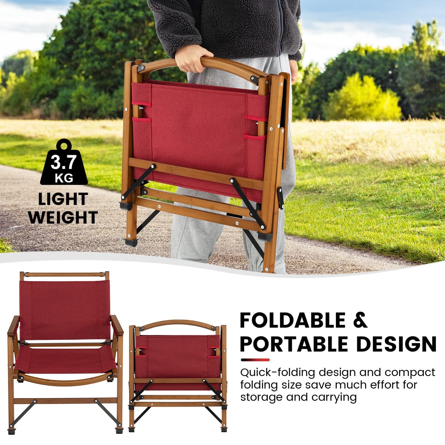 Folding Low Beach Chair with Solid Bamboo Frame & Breathable Fabric