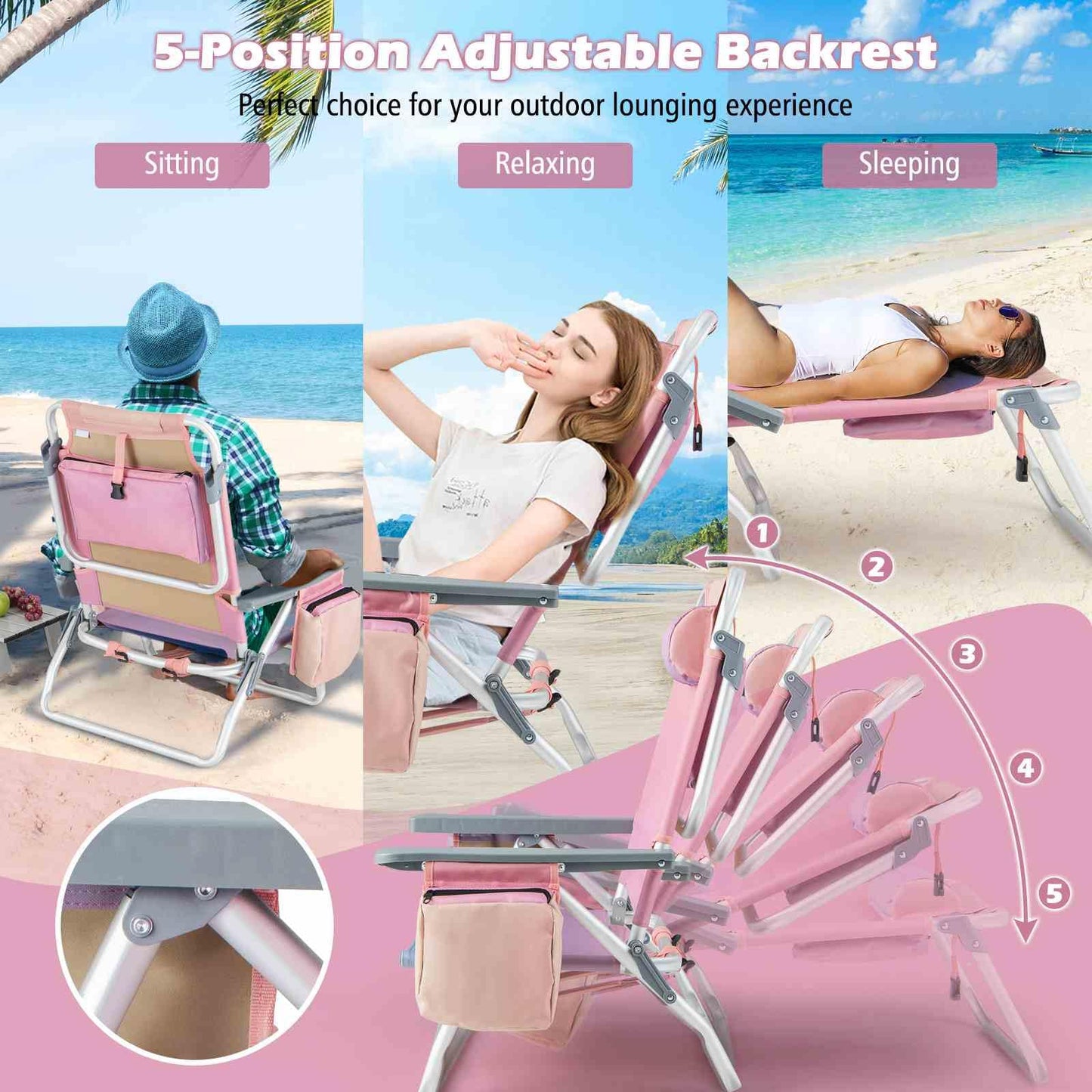 2-Pack Folding Backpack Beach Chair 5-Position Outdoor Reclining Chairs with Pillow