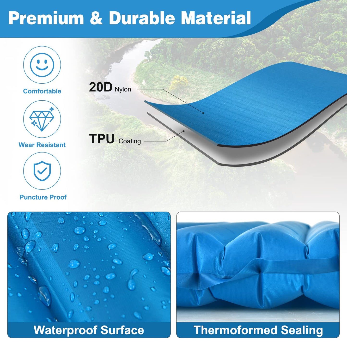 3 Inch Thick Inflatable Camping Sleeping Pad Waterproof & Comfortable