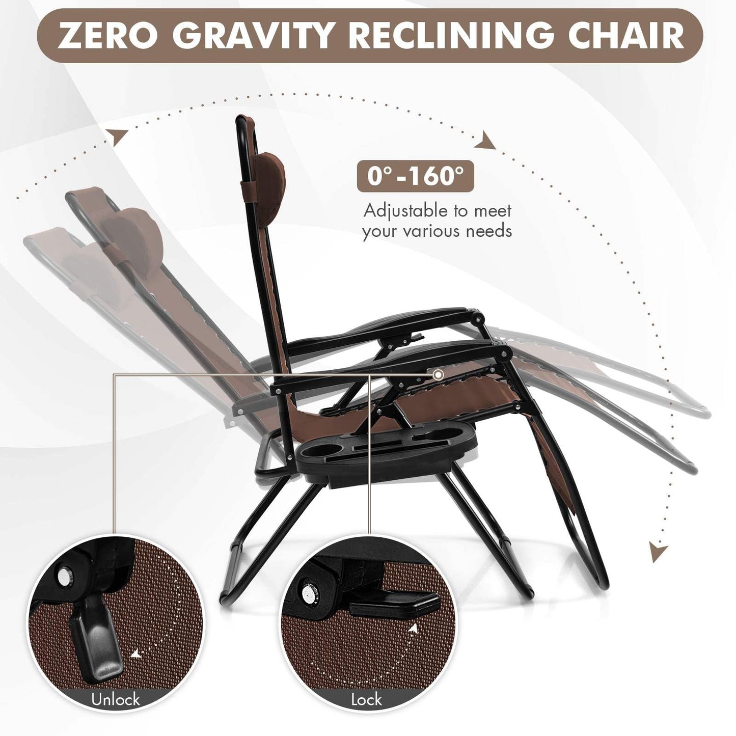 Patio Zero Gravity Lounge Chair with Cup Holder & Removable Pillow