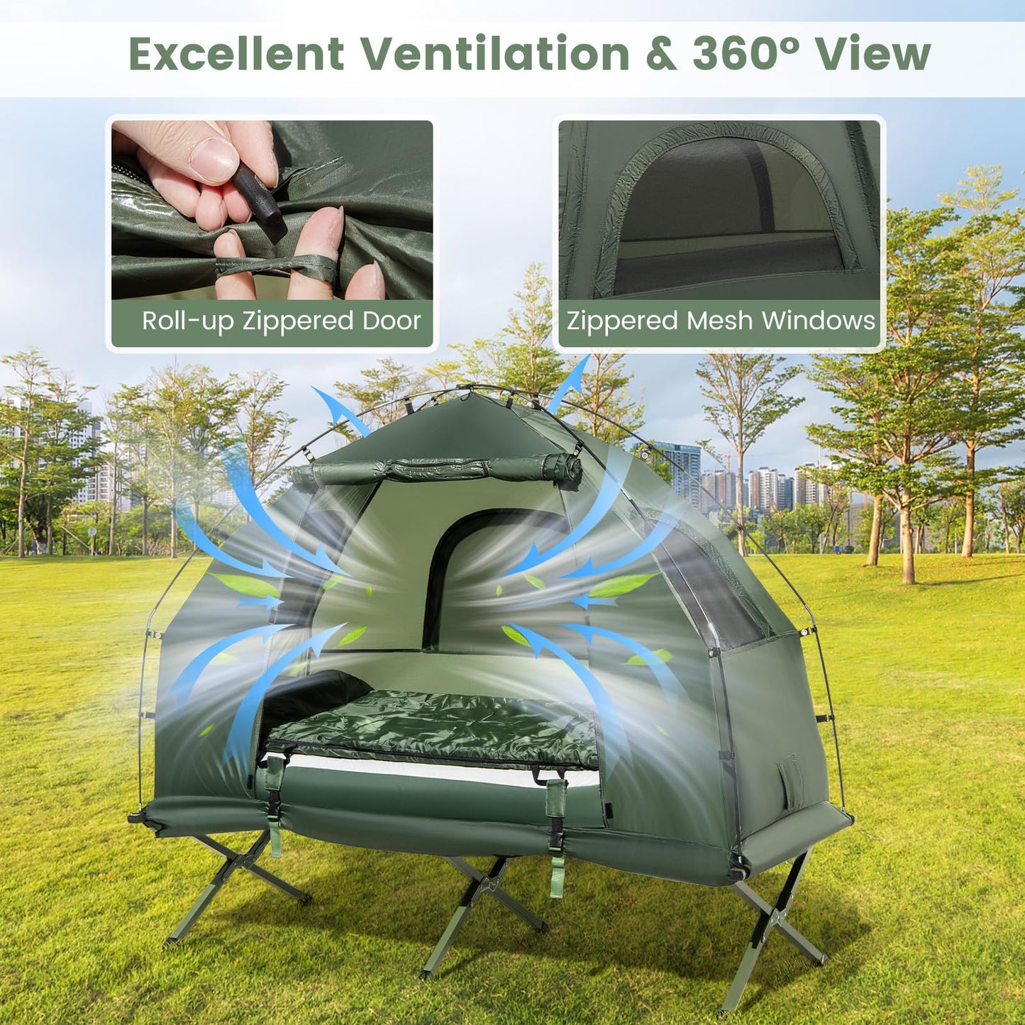 5 in 1 Foldable Camping Tent with Air Mattress and Sleeping Bag 1-Person Camping Tent Cot