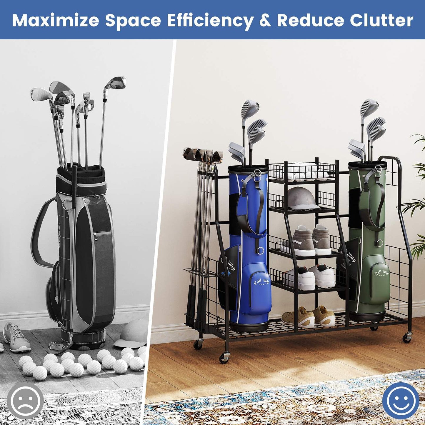 Golf Bag Organizer with Lockable Wheels for Garage