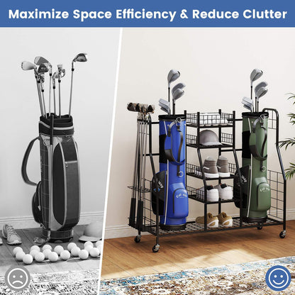 Golf Bag Organizer with Lockable Wheels for Garage