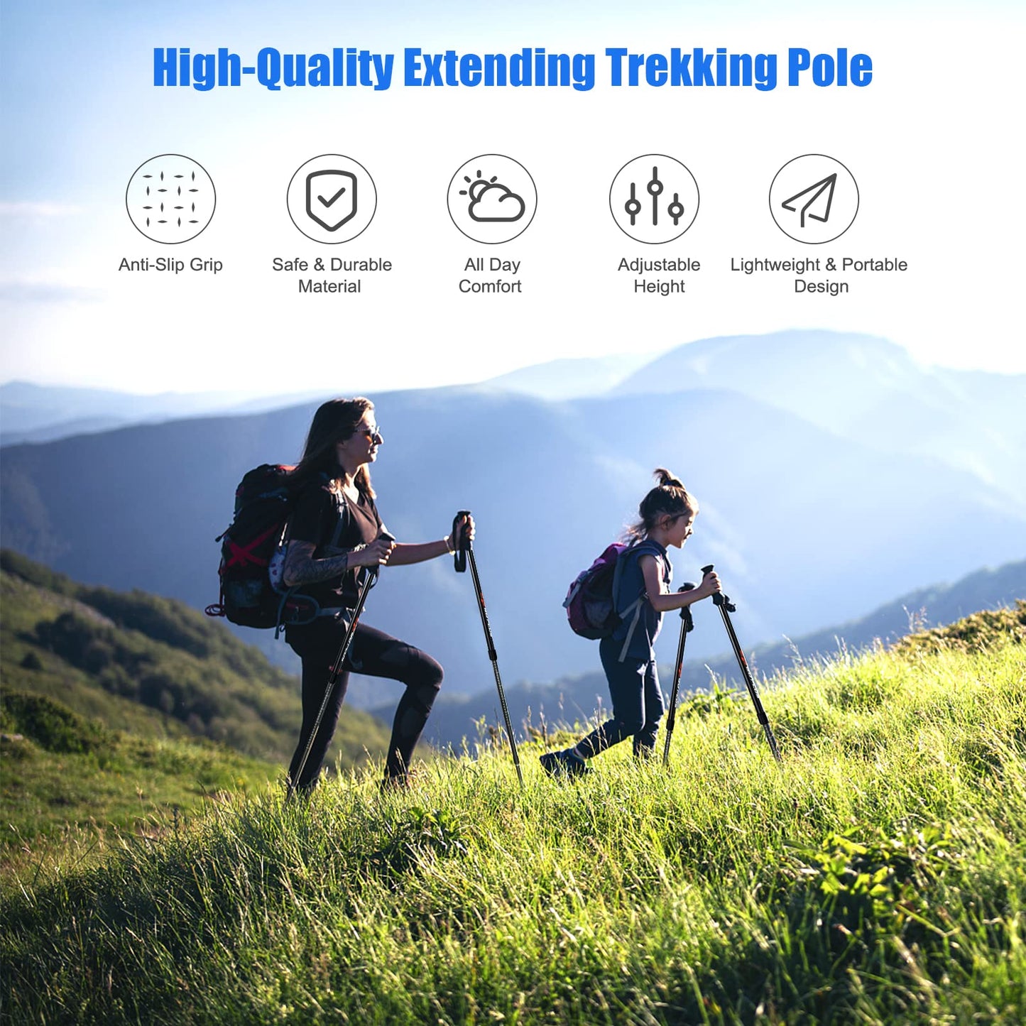 2 Pack Extending Trekking Poles Anti-Shock Length Adjustable Walking Hiking Climbing Sticks