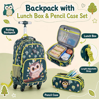 3 Pieces Owl Rolling Backpack for Kids