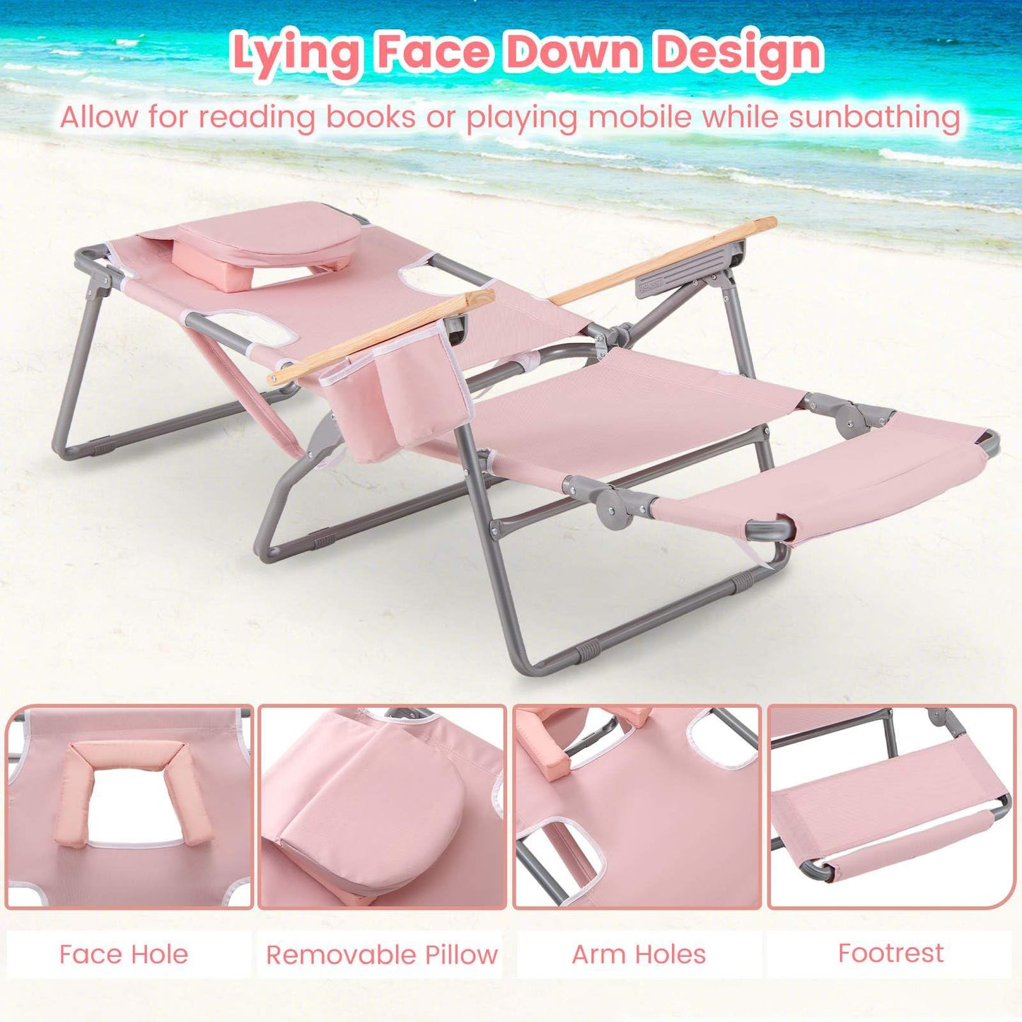 3-IN-1 Foldable Beach Chair with Face Hole and Footrest for Camping Poolside