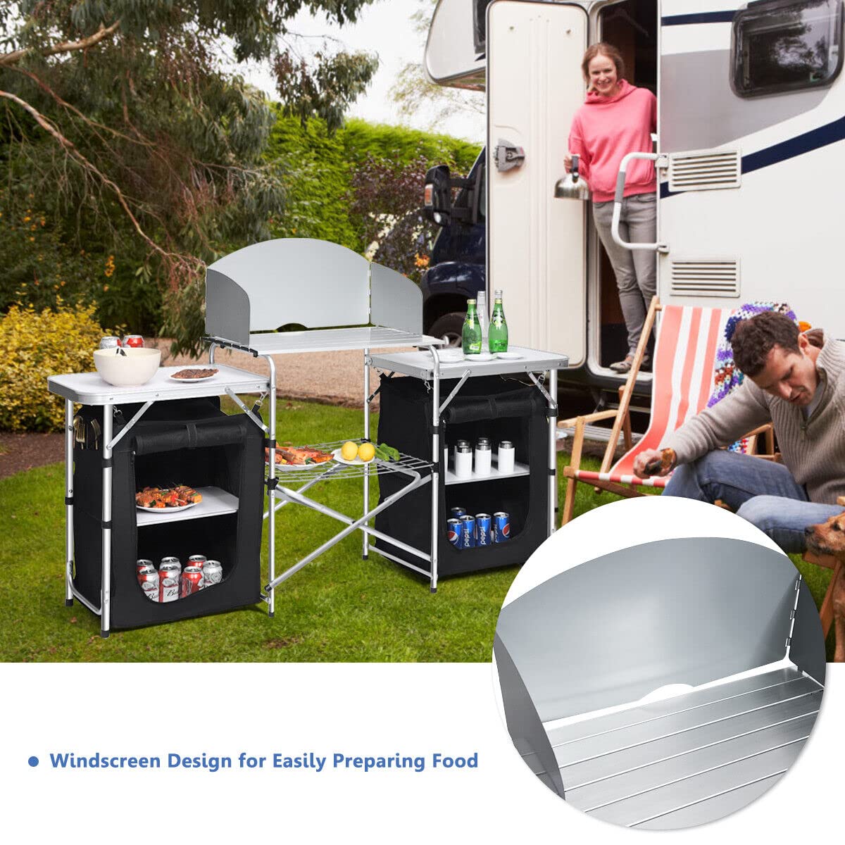 Portable Camping Kitchen Table Aluminum Fold-Up Camping Kitchen with Windscreen