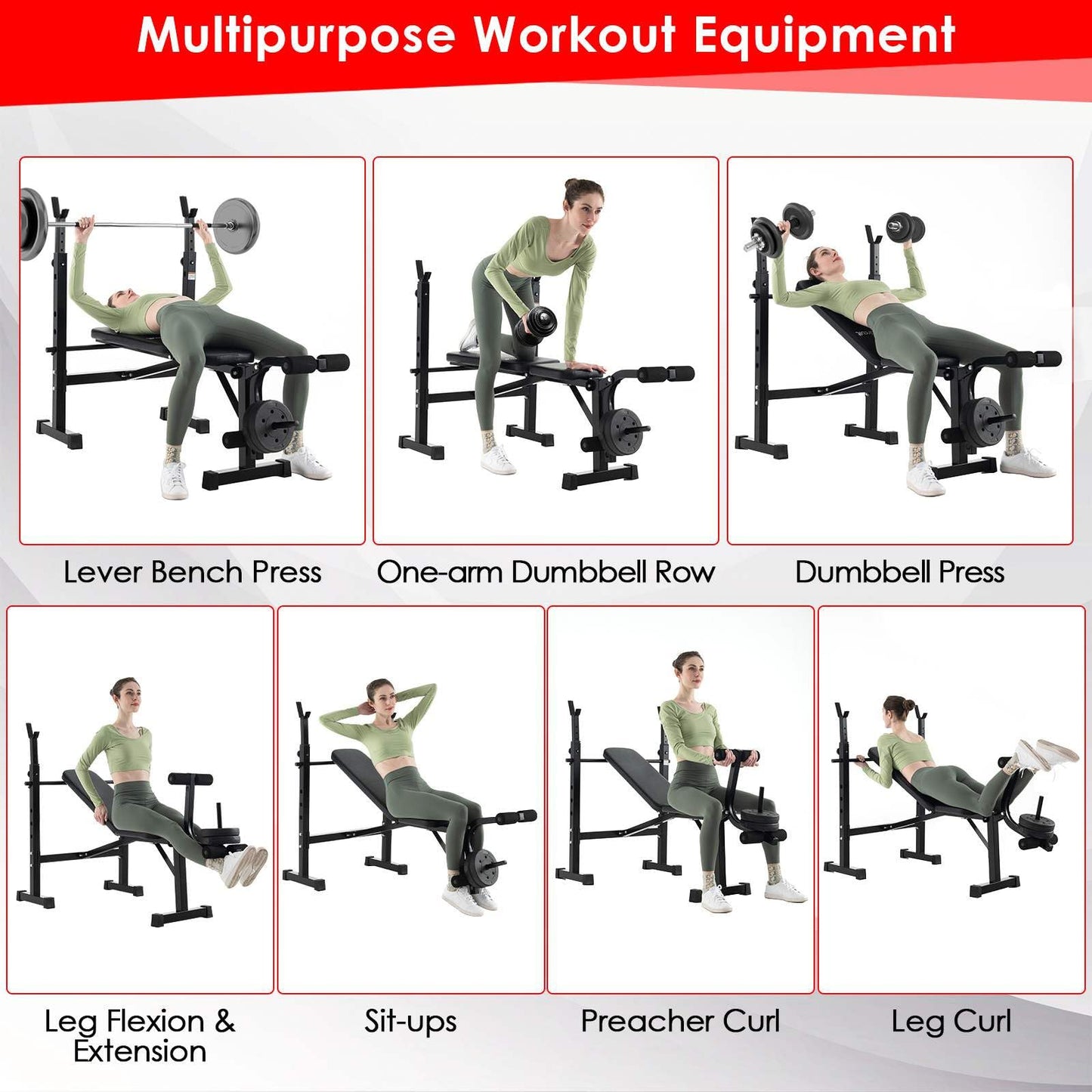 Adjustable Weight Bench & Barbell Rack Set Multipurpose Fitness Machine