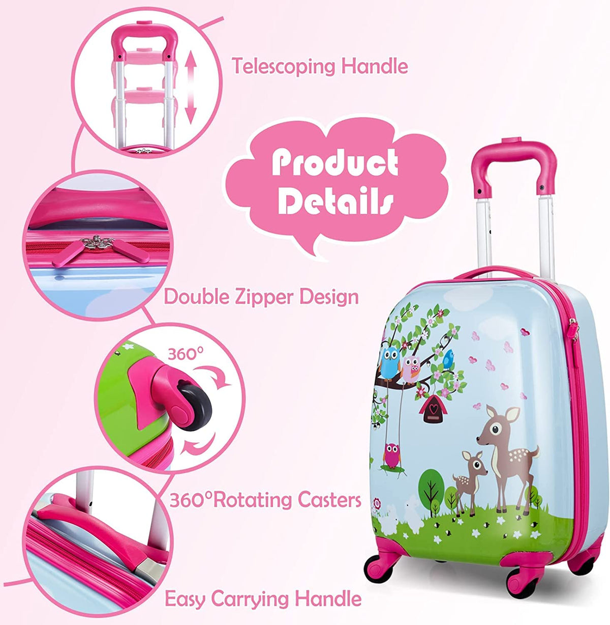 2 Pieces Kids Luggage Set with 4 Casters & Retractable Handle
