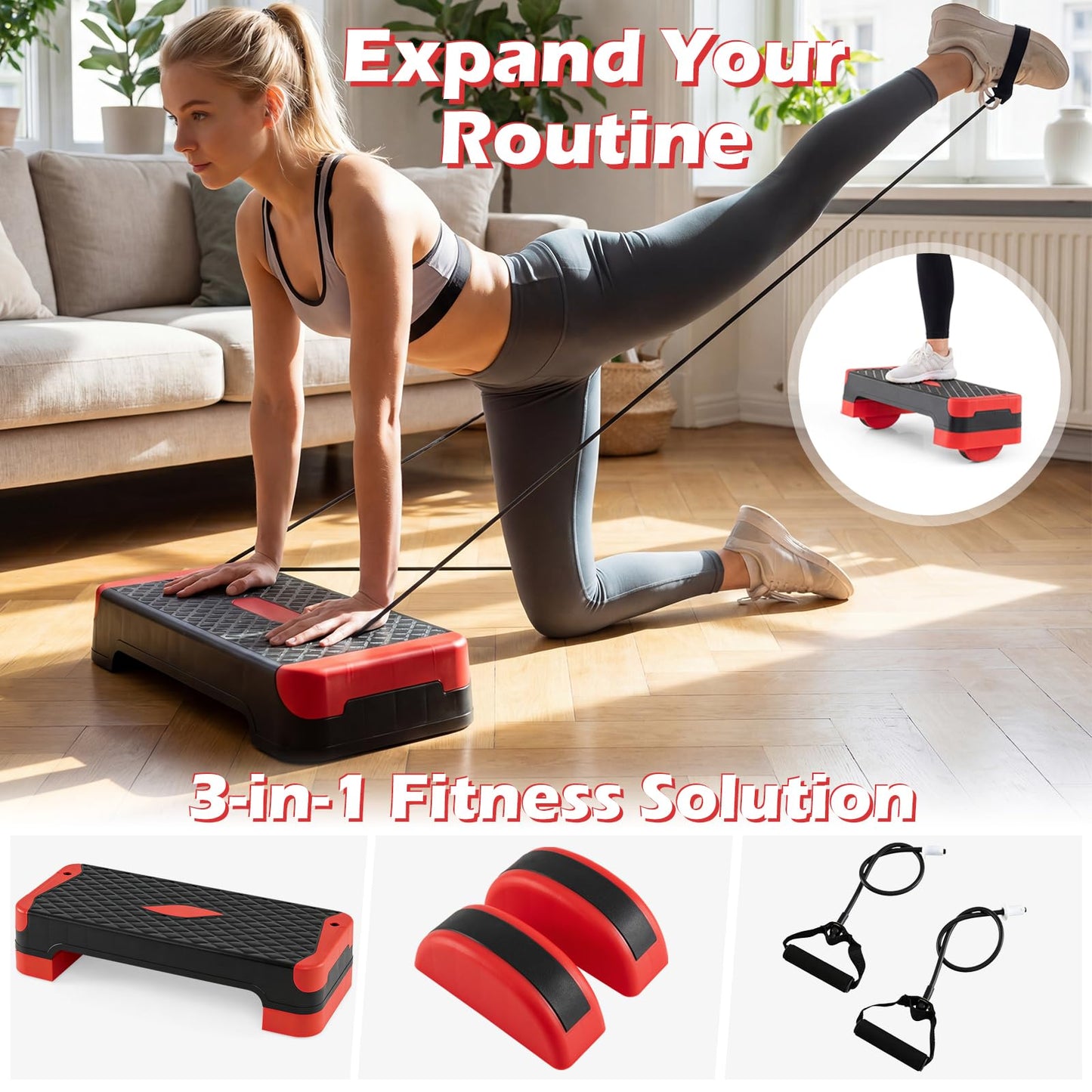 3-in-1 Aerobic Step Platform Set, 300 KG Adjustable Workout Stepper with 2 Stackable Risers
