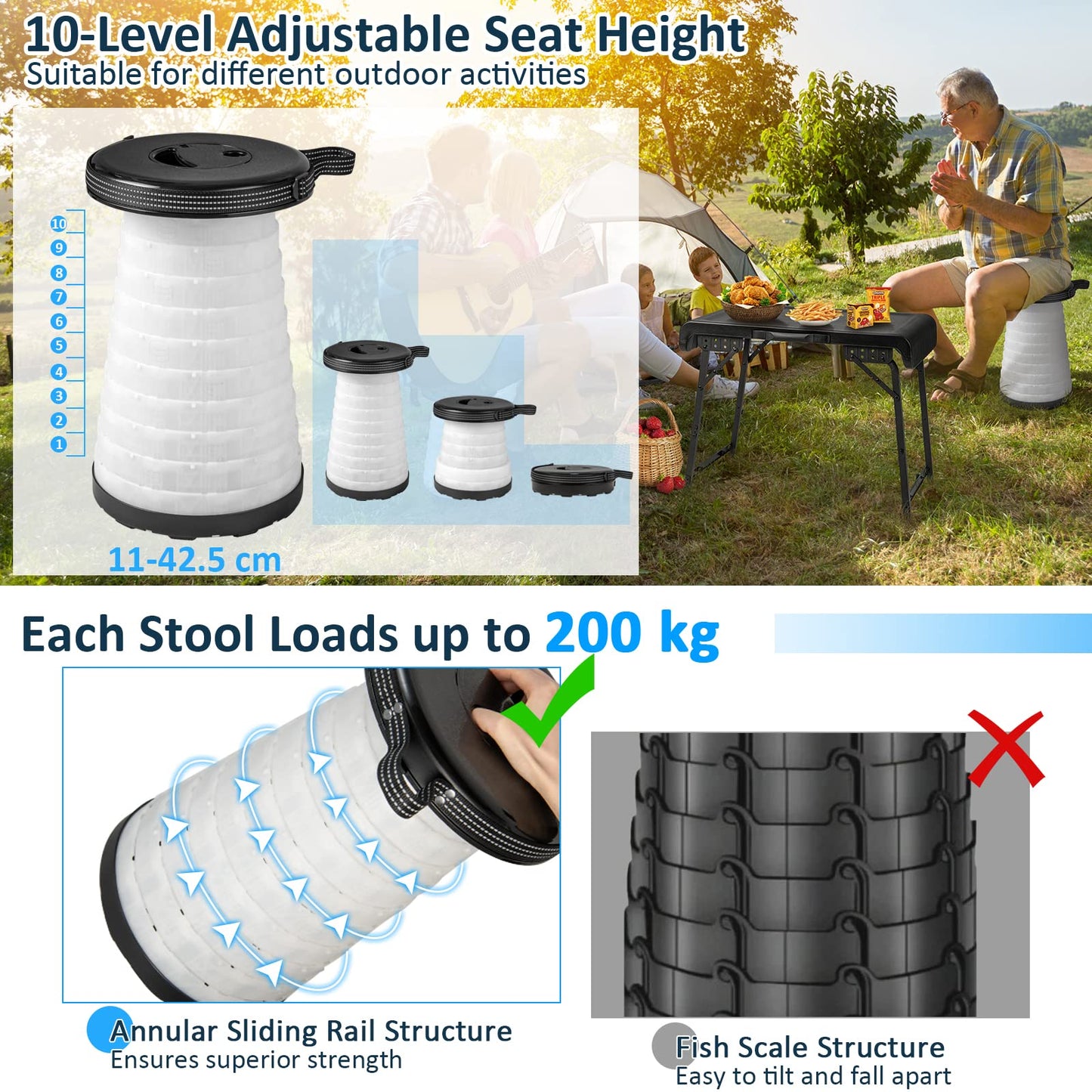3-Piece Folding Table Stool Set with a Camping Table & 2 Retractable LED Stools