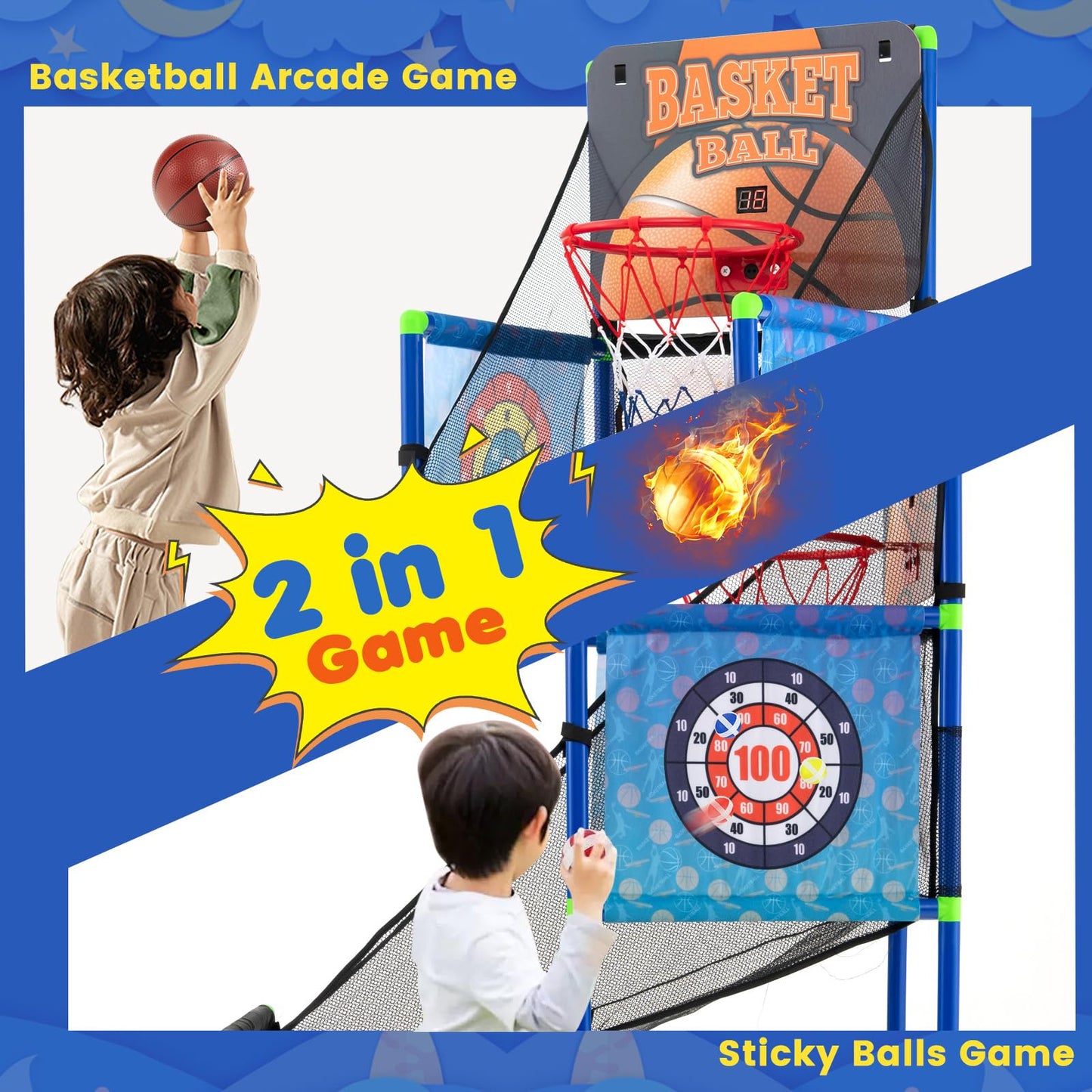 2-in-1 Kids Basketball Arcade Game Indoor Outdoor Basketball & Sticky Balls Game Set