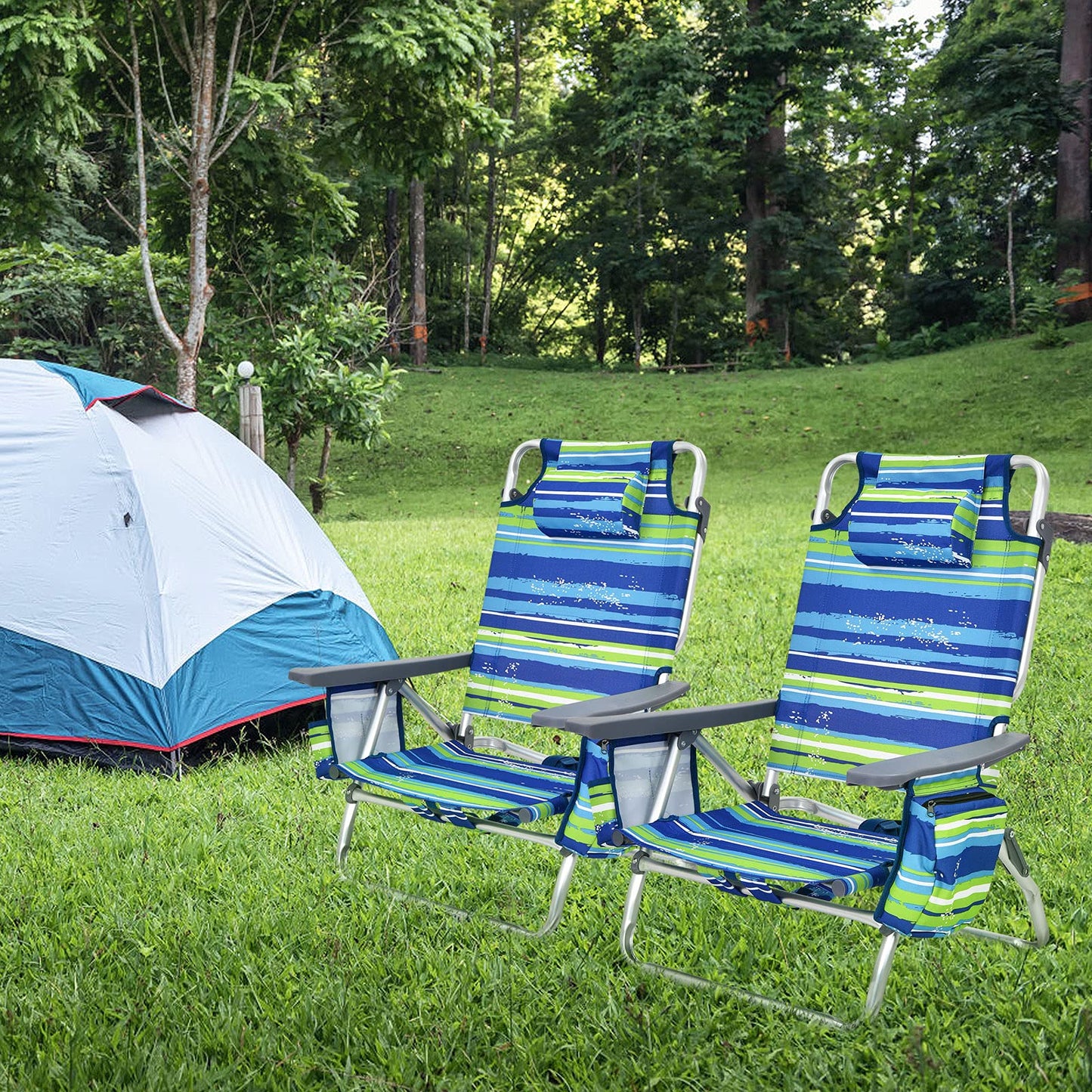 2-Pack Folding Backpack Beach Chair 5-Position Outdoor Reclining Chairs with Pillow