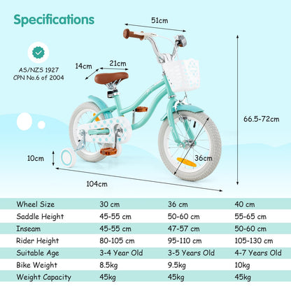 Kids Bike with Front Handbrake and Rear Coaster Brake for 3-4/3-5/4-7/4-8 Years Old