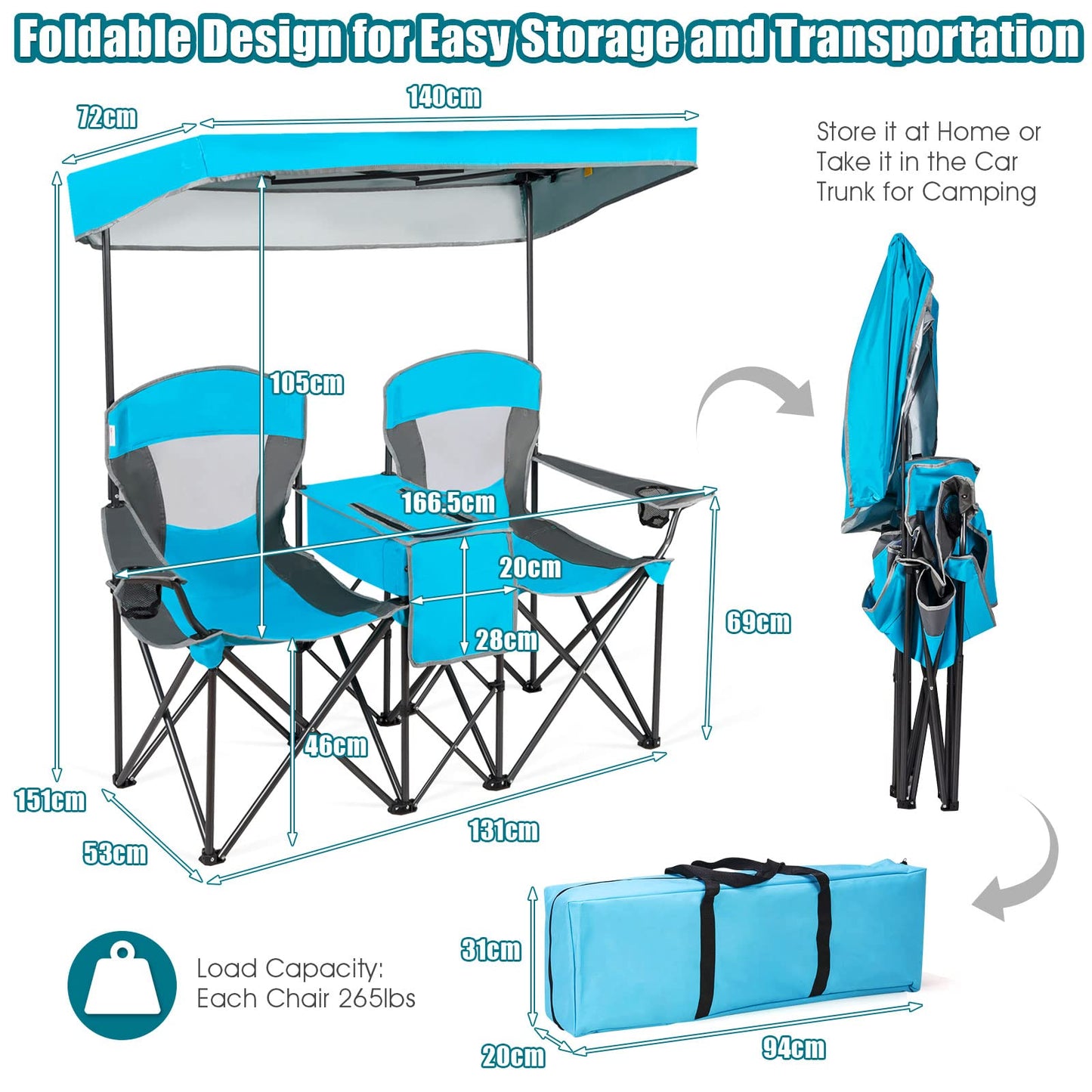 Double Folding Canopy Chair Outdoor 2-Person Camping Seat with Adjustable Sun Shade