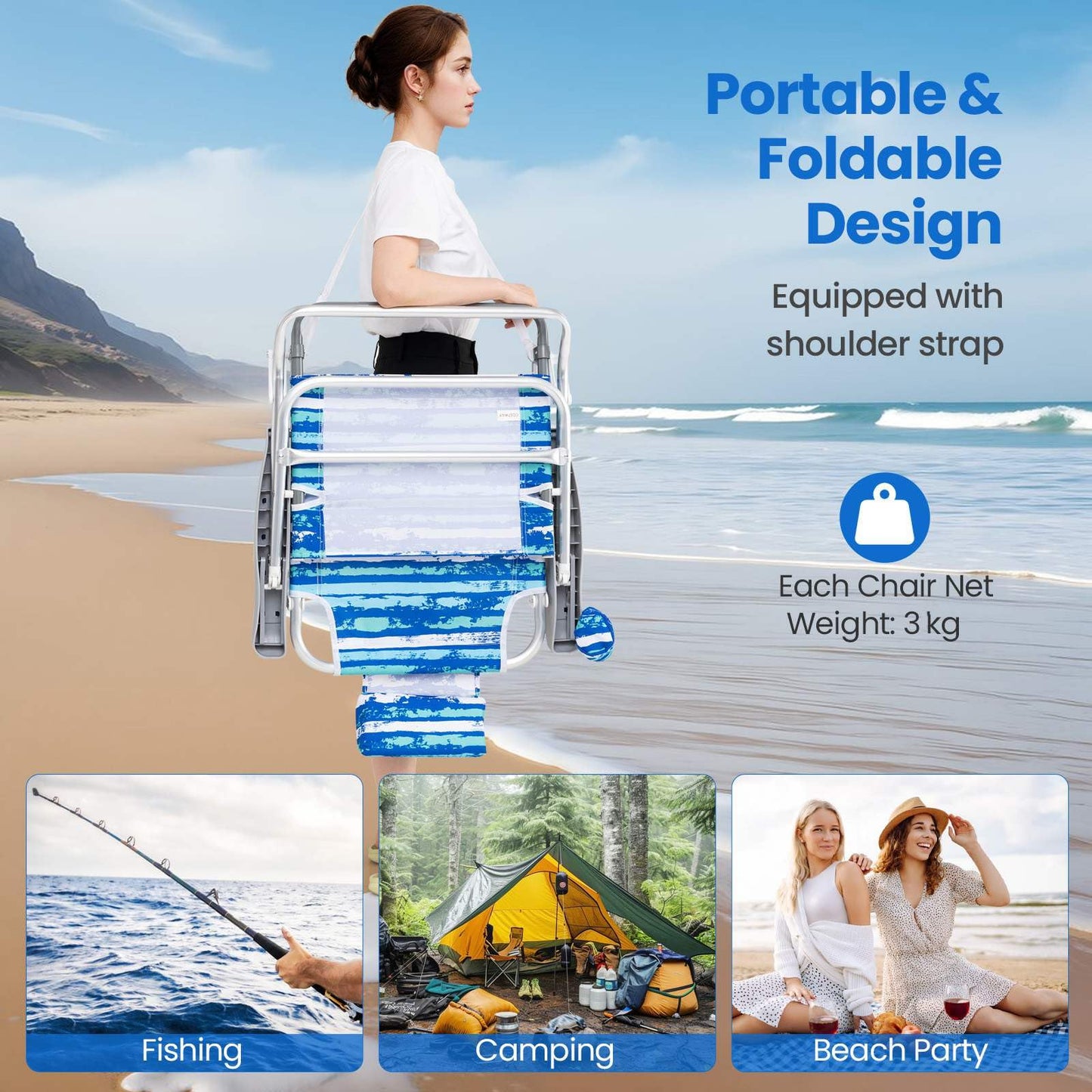 2 Pack Folding Beach Chair Adjustable with Head Pillow and Towel Bar