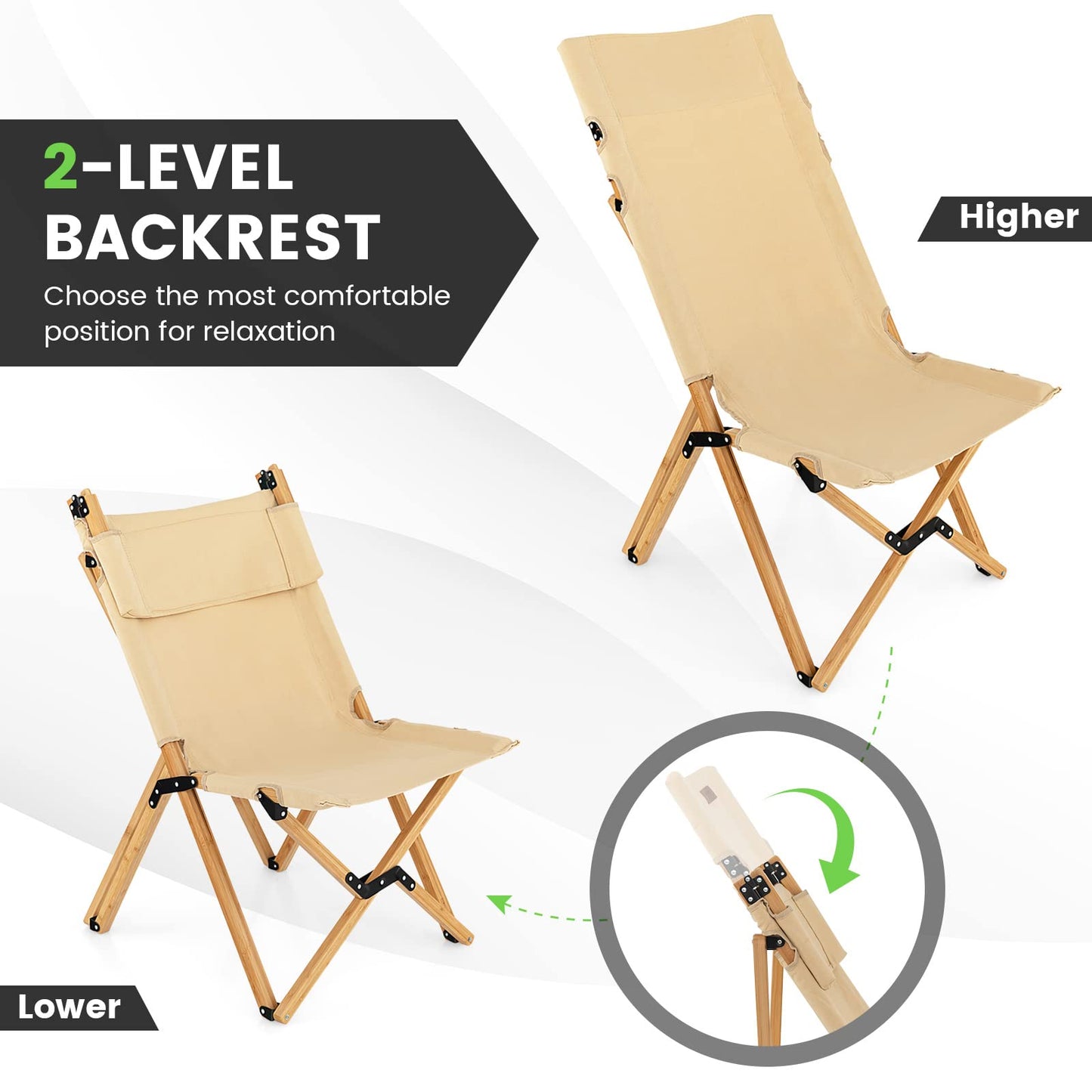 Outdoor Bamboo Chair with 2-Level Adjustable Backrest No Assembly Required