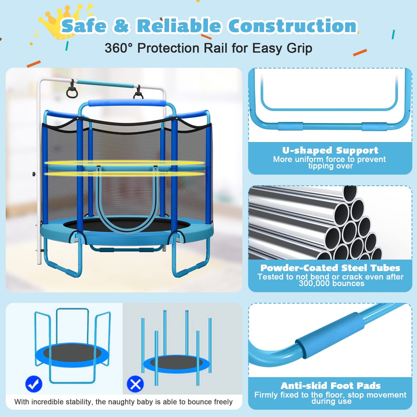 60" Trampoline for Kids with Ring and Horizontal Bar for 3-7 Ages