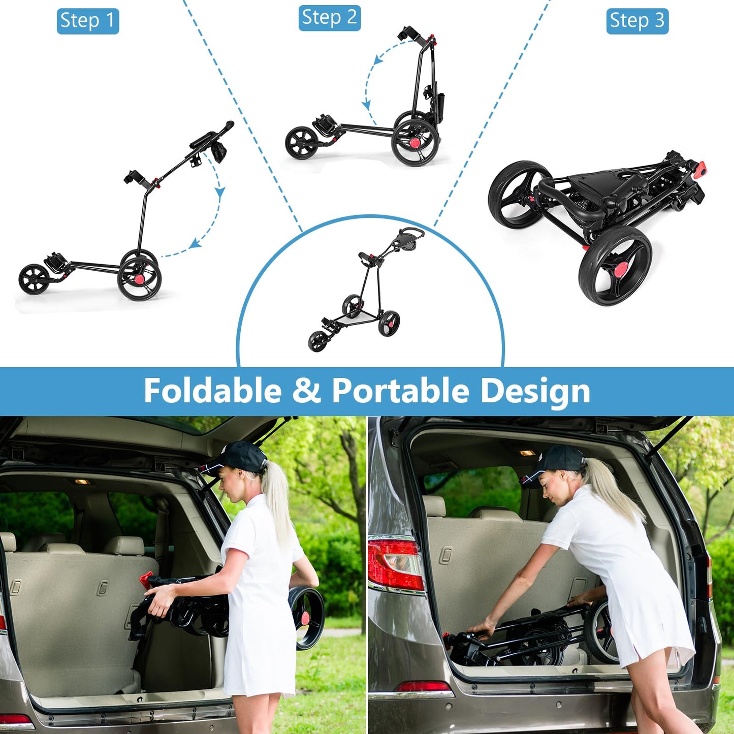 3 Wheel Golf Push Cart Folding Collapsible Lightweight Iron Golf Pull Cart with Adjustable TPR Handle