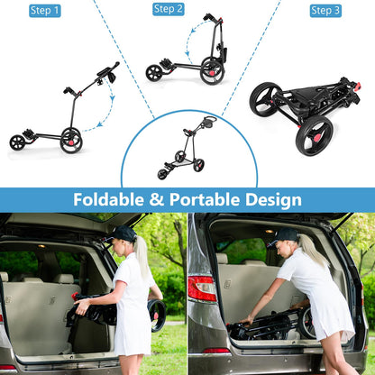 3 Wheel Golf Push Cart Folding Collapsible Lightweight Iron Golf Pull Cart with Adjustable TPR Handle