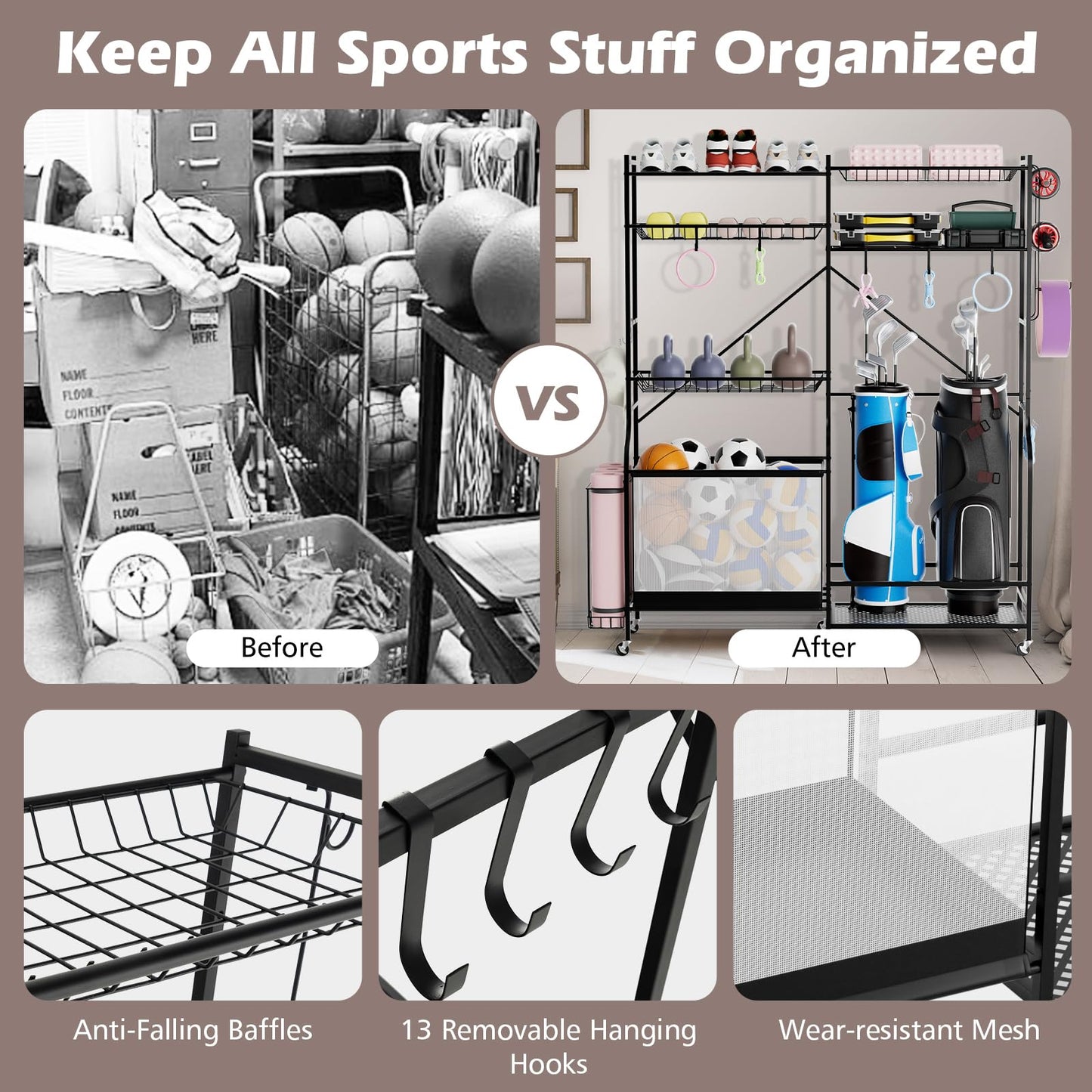 Sports Equipment Organizer for Garage Metal Ball Storage Rack