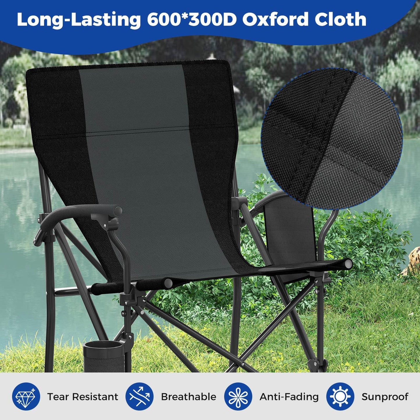 Outdoor Folding Oxford Cloth Chair with Cup Holder 160 kg Max Load