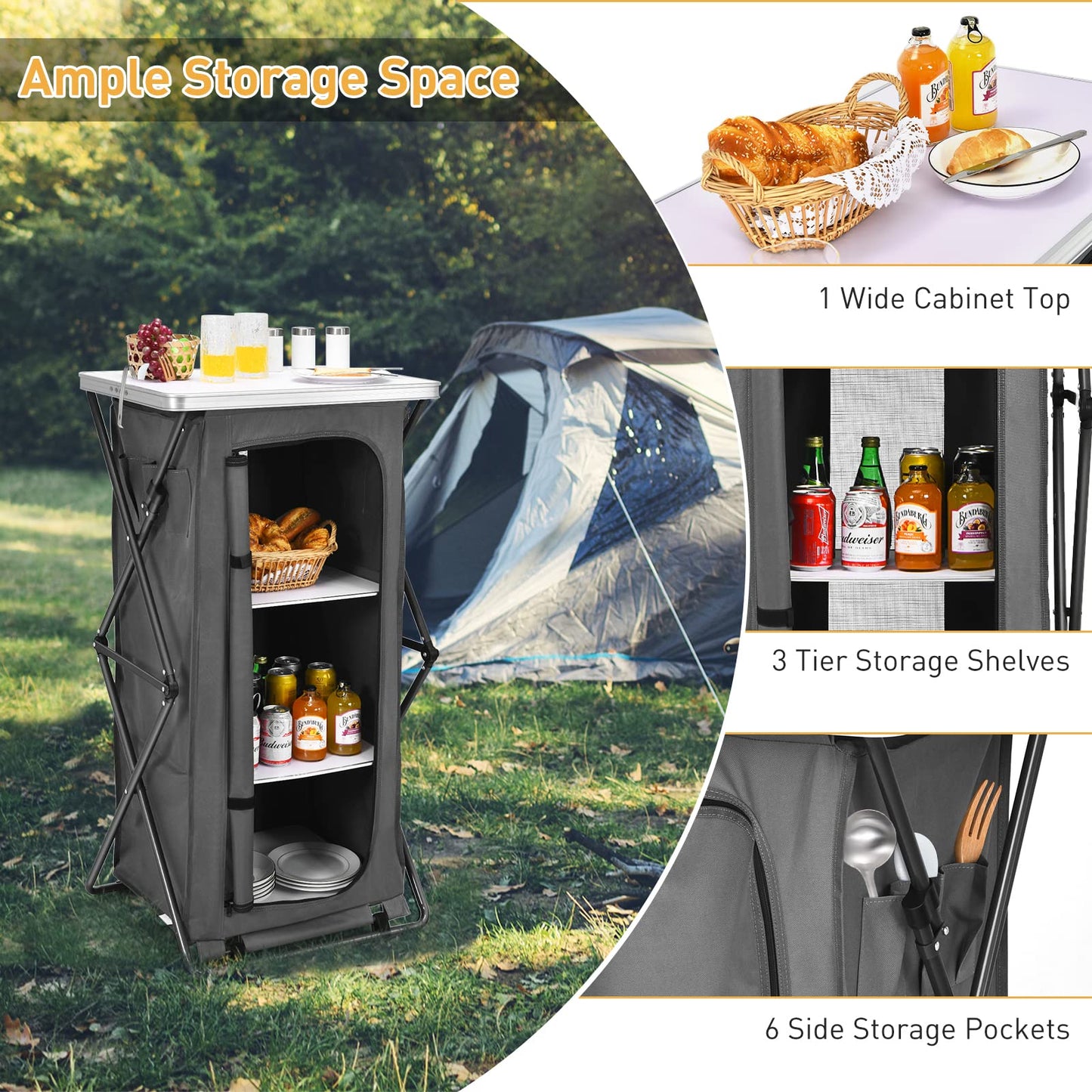2 Size Folding Pop-Up Cupboard Compact & Portable Camping Storage Cabinet