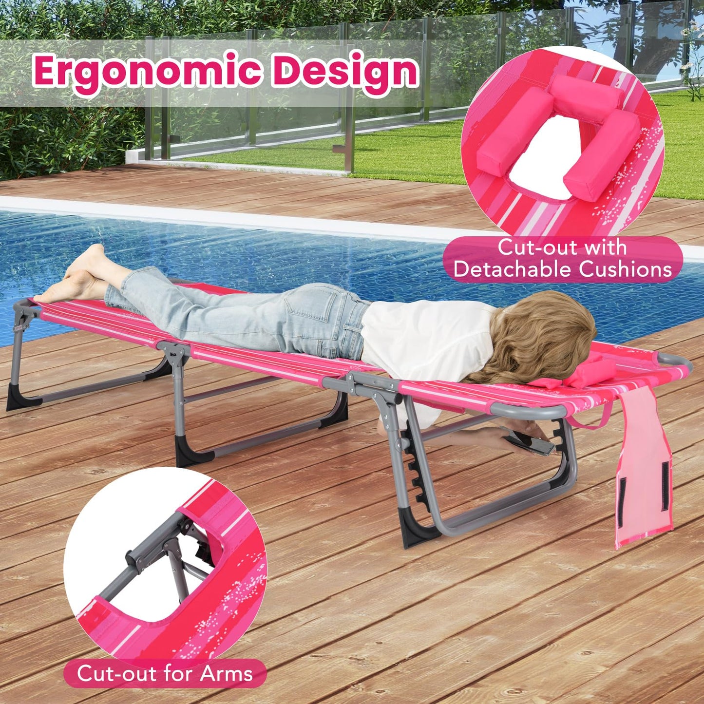 Folding Beach Lounge Chair with Pillow for Outdoor