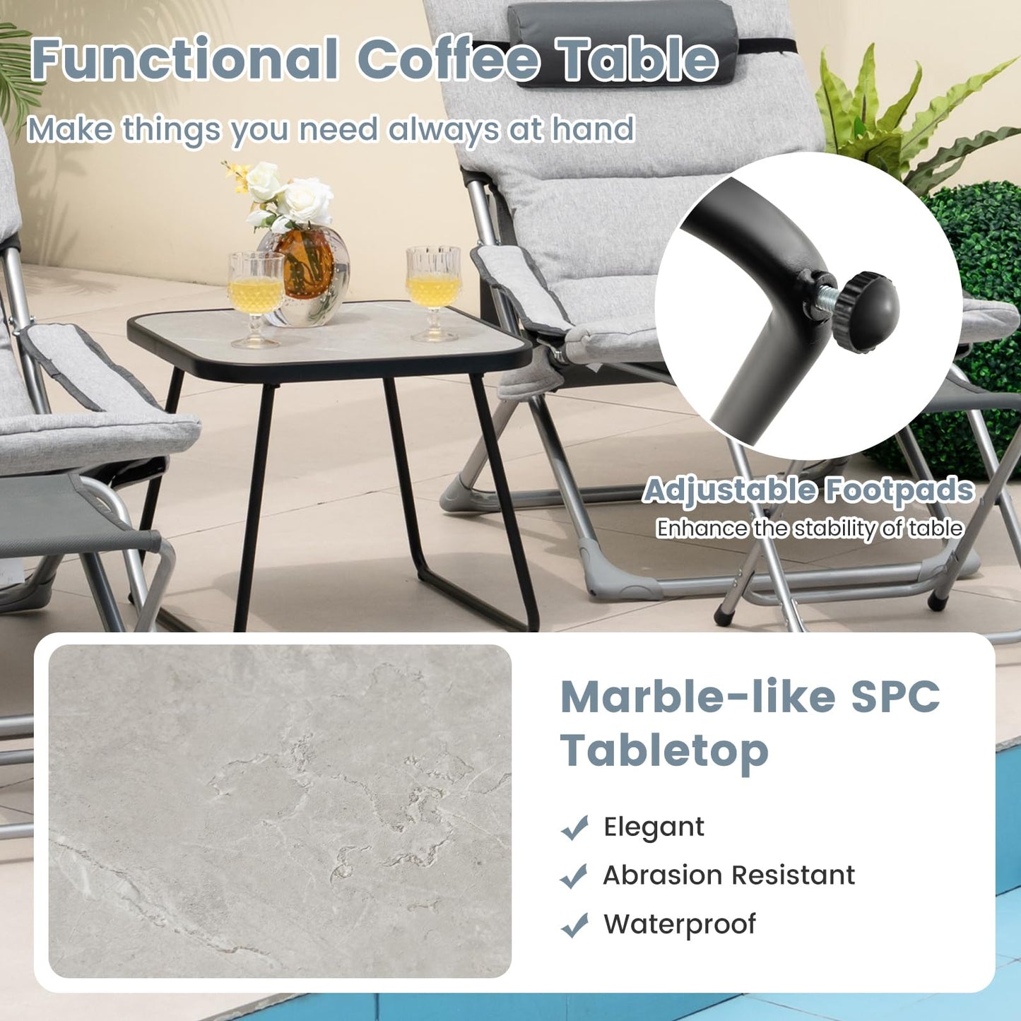 5 Piece Patio Sling Chair Set with Ottoman & Coffee Table