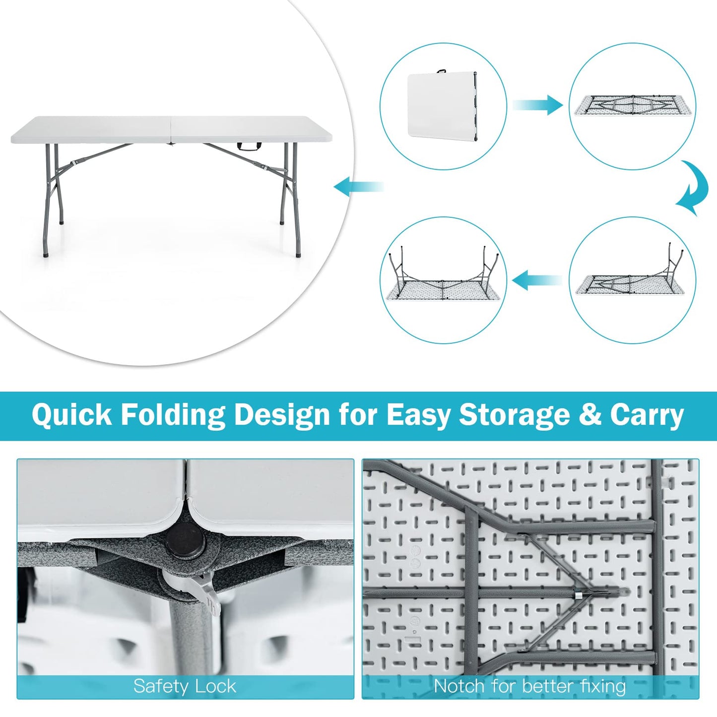 180 cm Portable & Lightweight Folding Camping Table with Carrying Handle