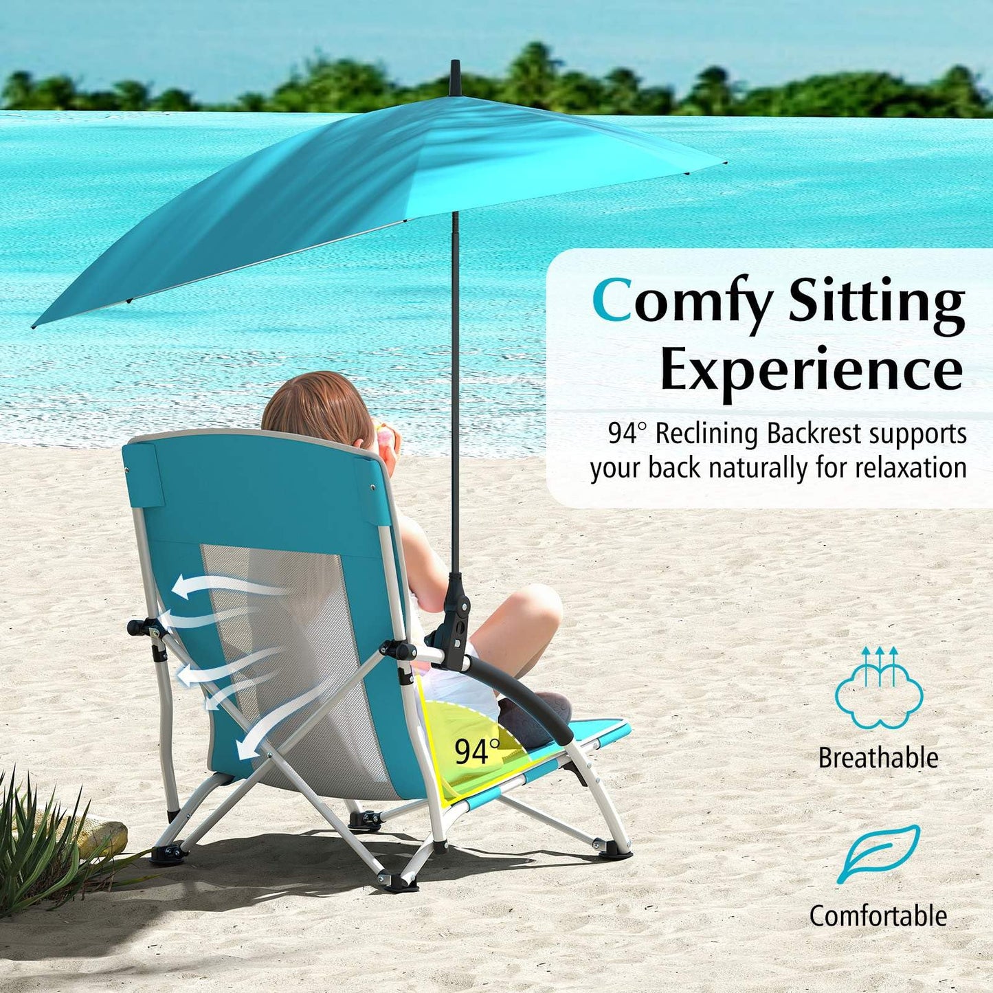 Foldable Beach Umbrella Chair with Adjustable Parasol and Universal Umbrella Clamp