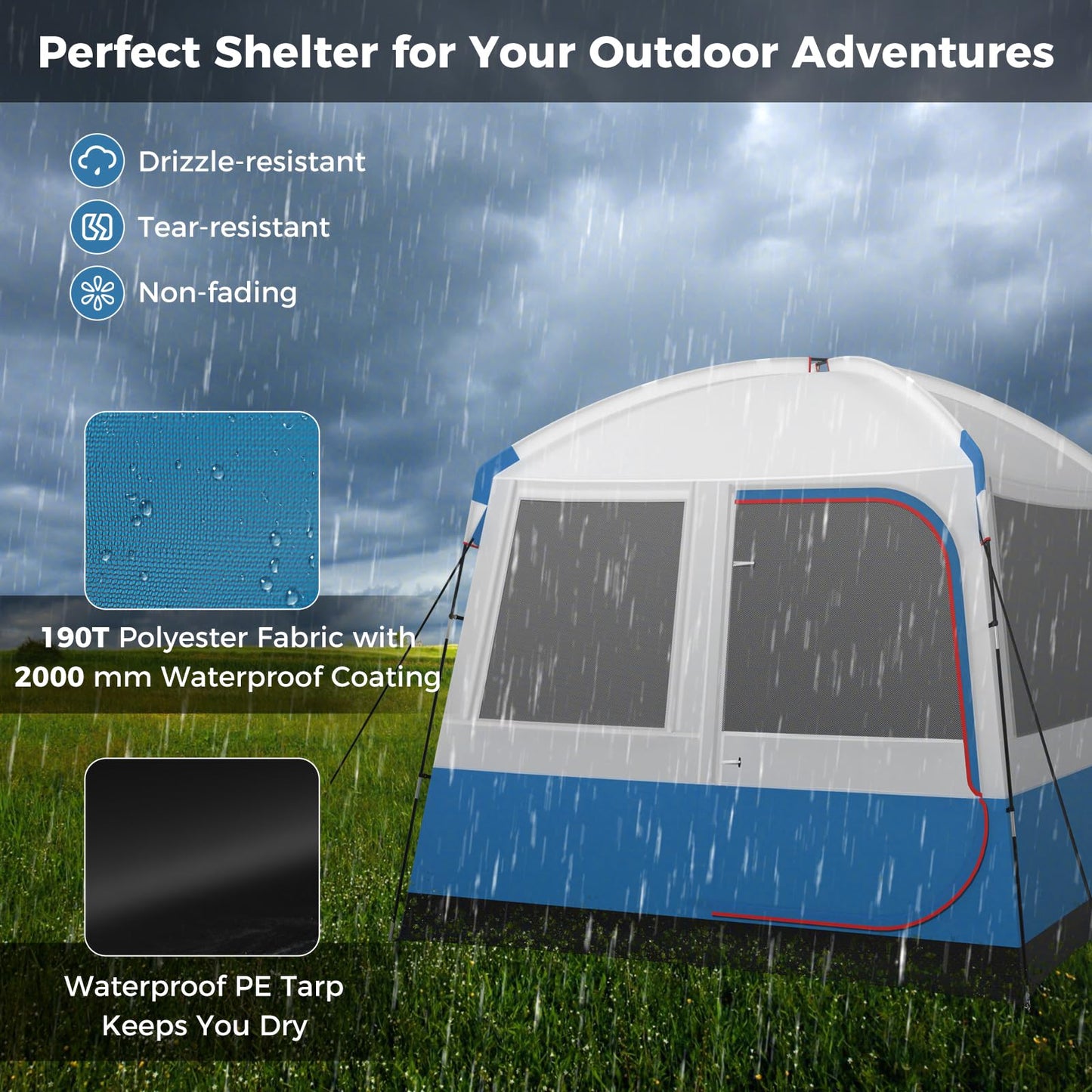 5 Person Camping Tent Waterproof Backpacking Tent w/Large Mesh Door