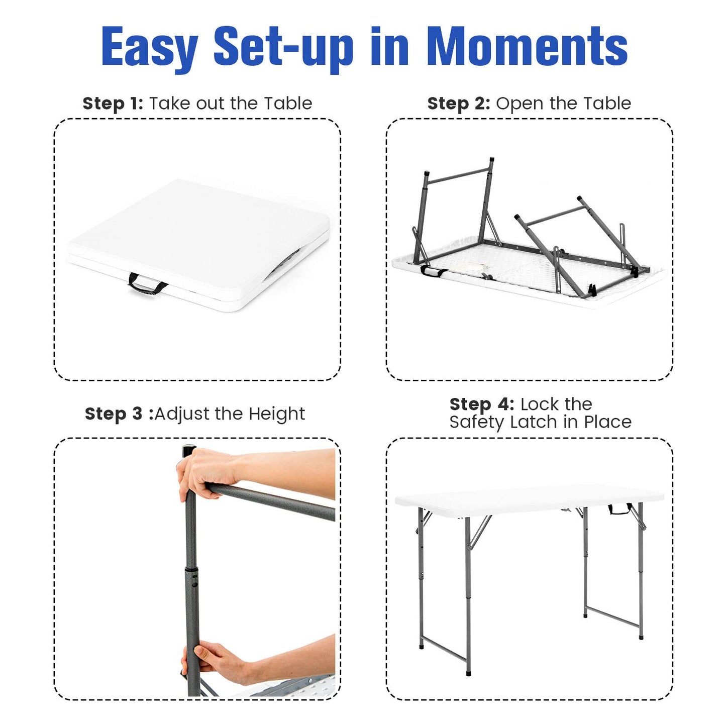 Portable Bi-fold Picnic Table with 3-Level Height Adjustment Carrying Handle