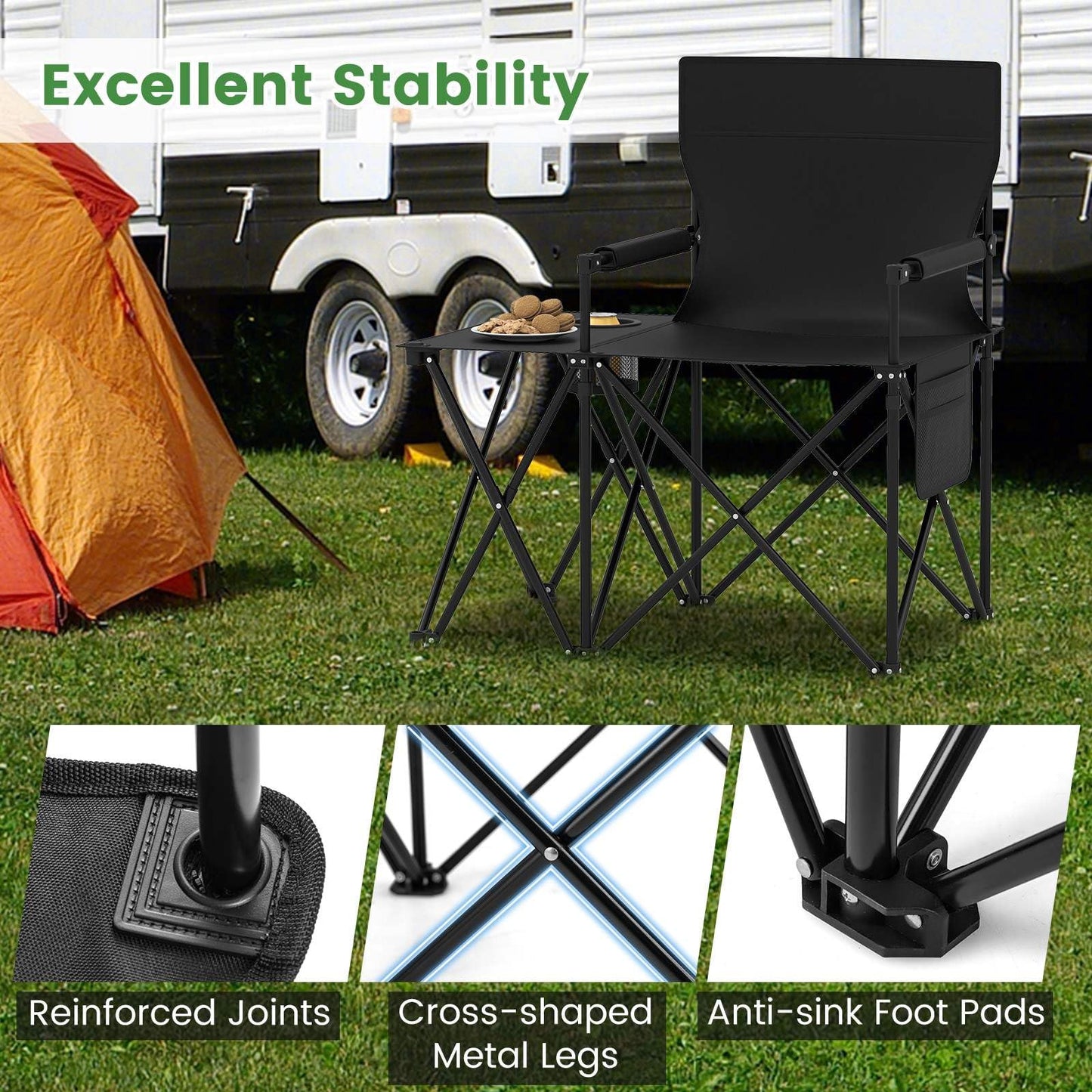 Oversized Camping Chair with Side Table & Carrying Bag for Fishing Lawn
