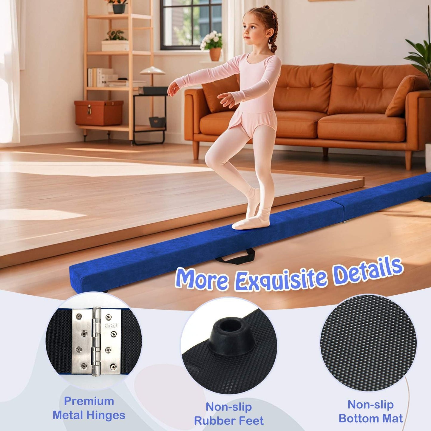 Portable Gymnastic Beam with Solid Wood Base & Anti-Slip Bottom