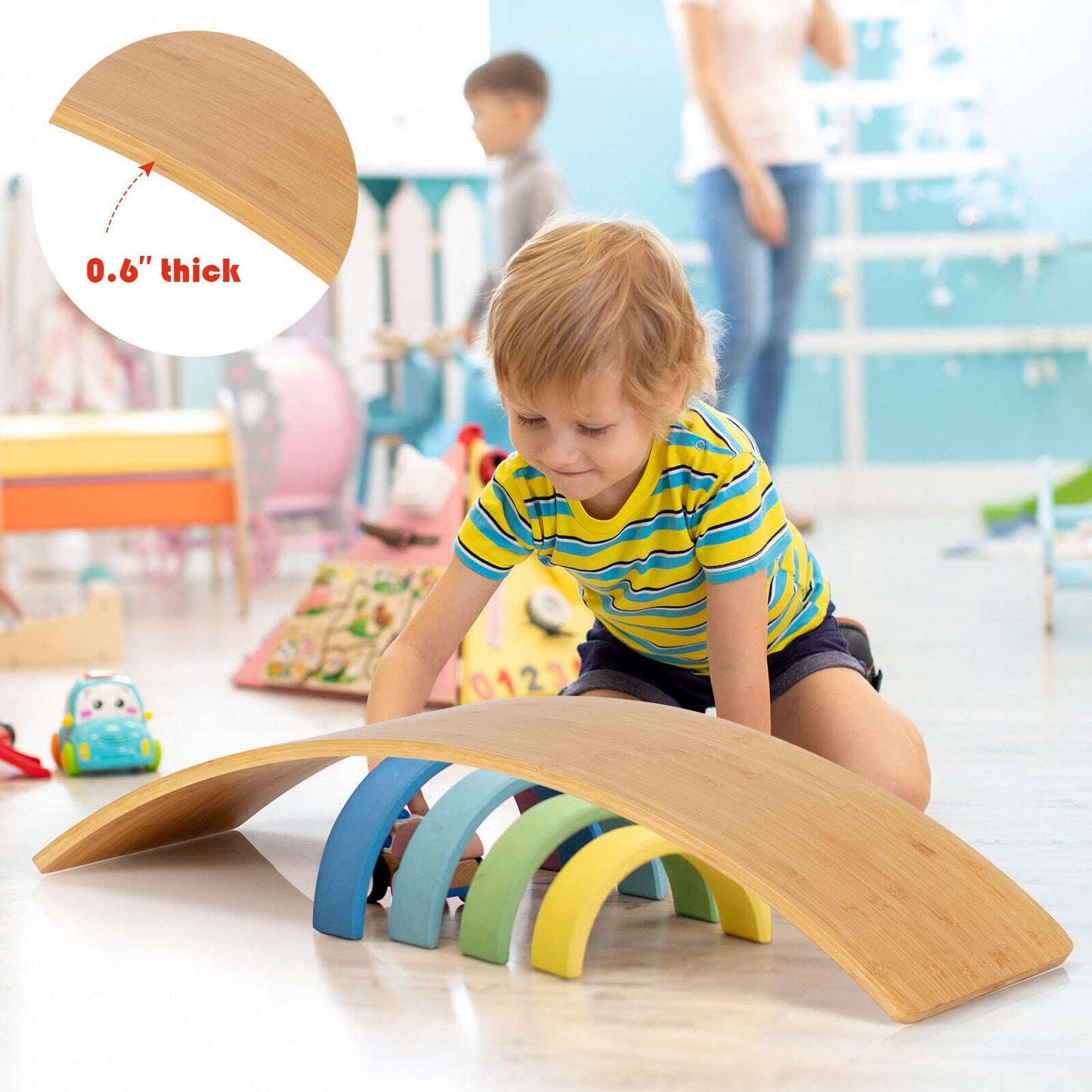 Wooden Wobble Balance Board Bamboo Yoga Curvy Board w/ Polished Edge