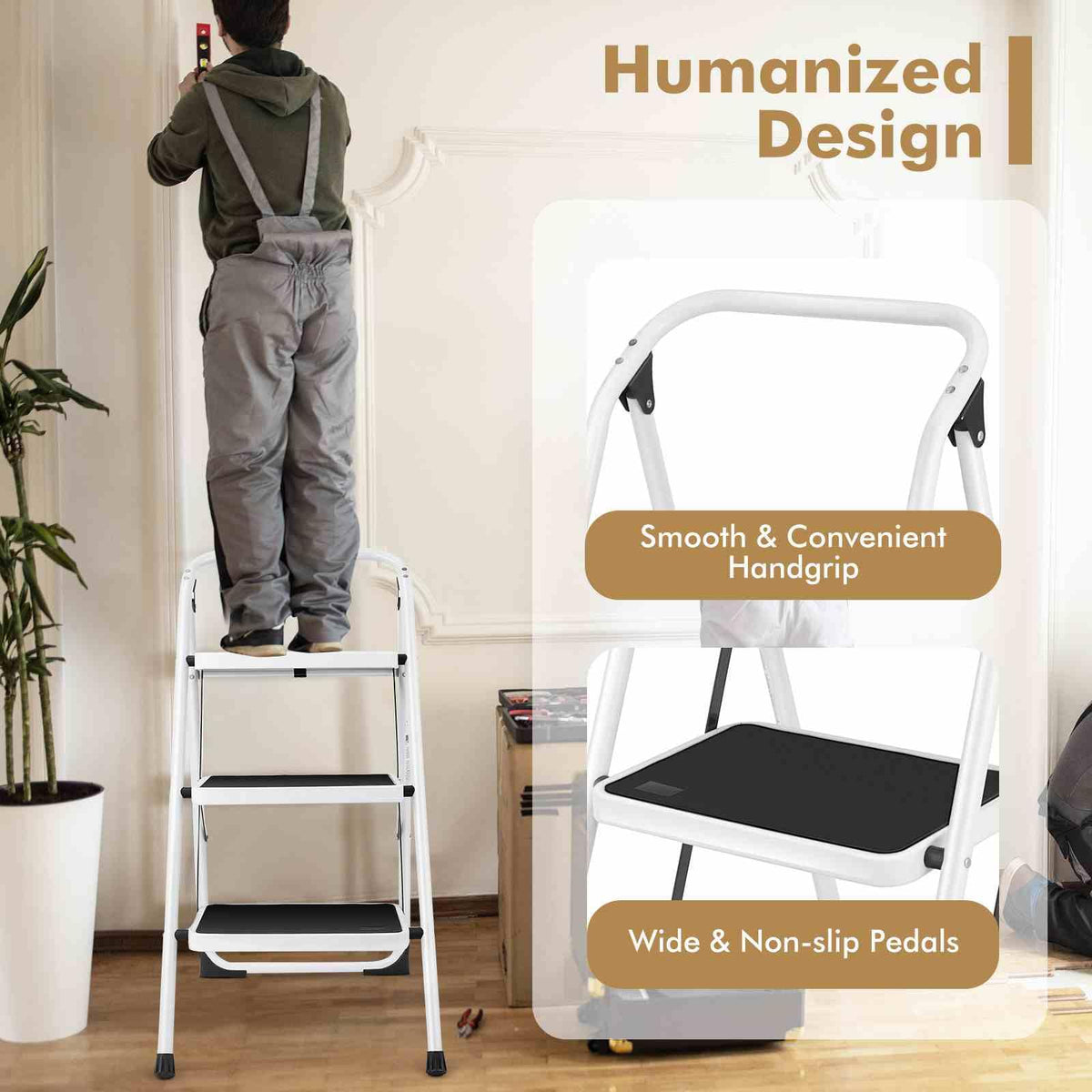 3-Tread Step Ladder with Convenient Hand Grip for Home Garage Kitchen
