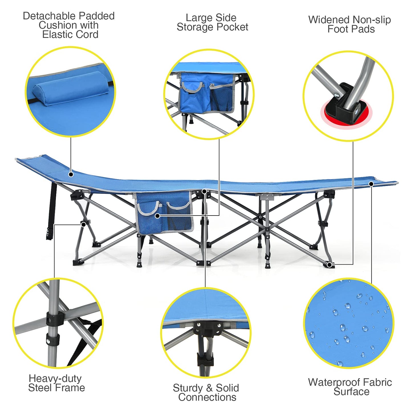 Folding Camping Cot Heavy-Duty Outdoor Cot Bed w/Side Storage Pocket