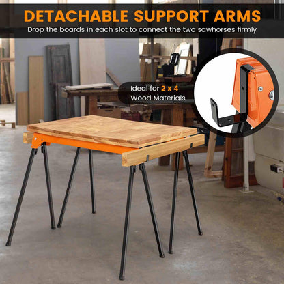 Pack of 2 Folding Sawhorses with Convenient Handle and Lightweight Tool Stands