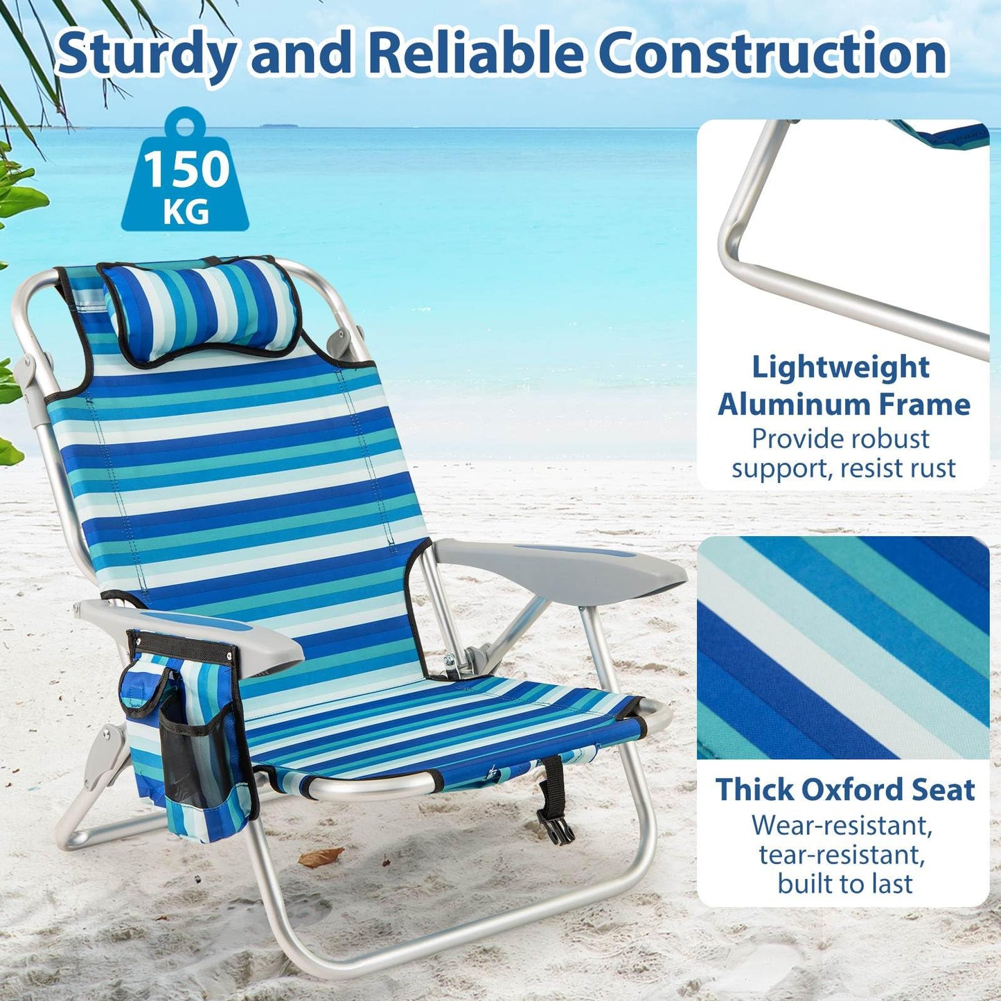 Folding Beach Chair for Adults with 4-Position Adjustable Backrest