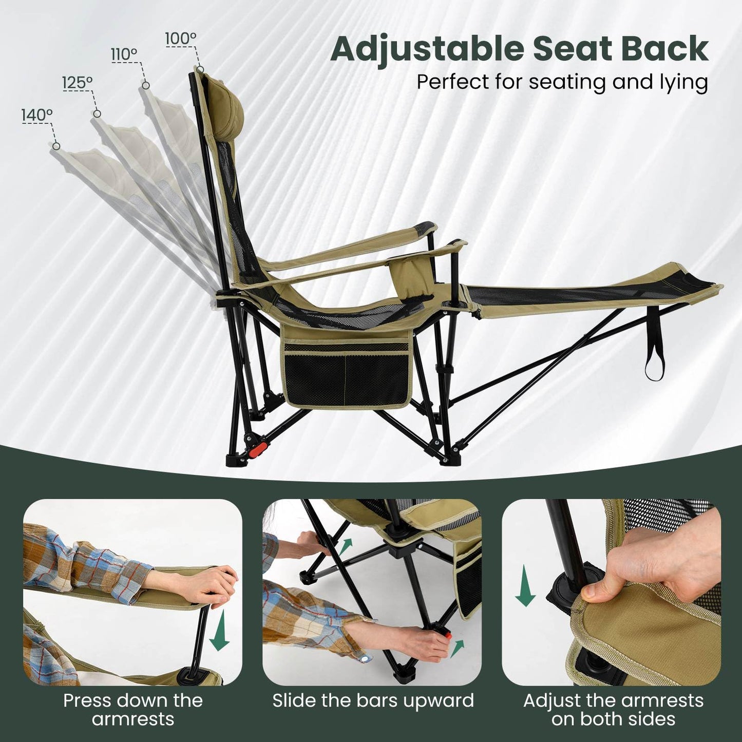 2 in 1 Portable Camping Chair with Detachable Footrest Adjustable Backrest