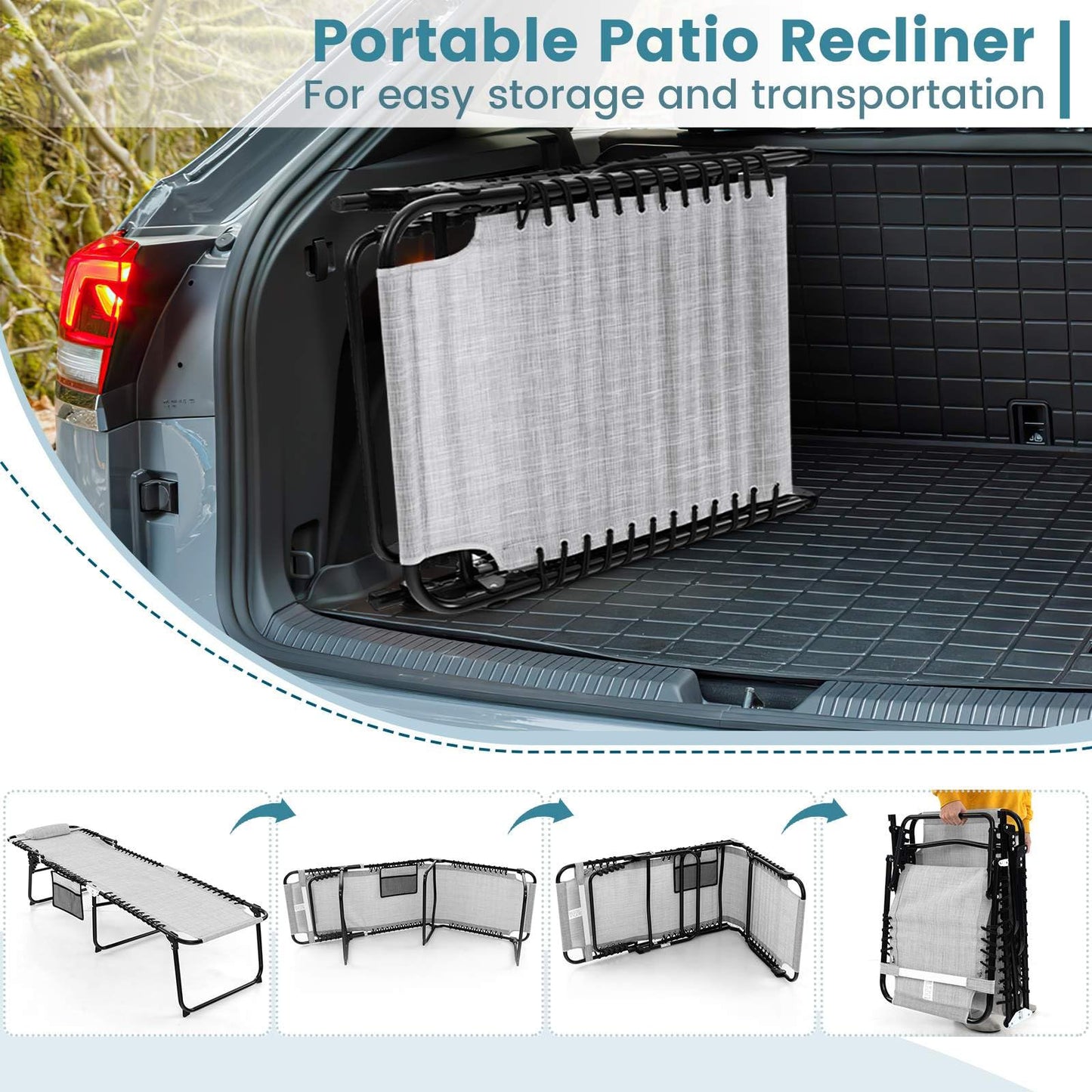 Patio Folding Chaise Lounge Oversized Portable Lay Flat Reclining Chair