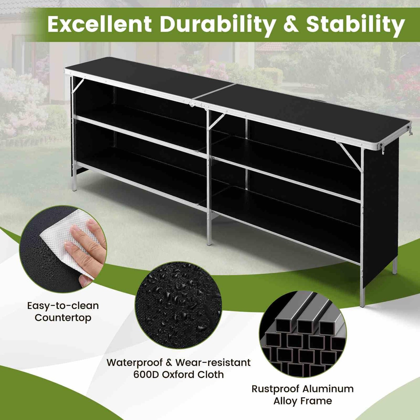 Aluminum Portable Picnic Table w/ 2-Tier Open Shelves & Spacious Tabletop