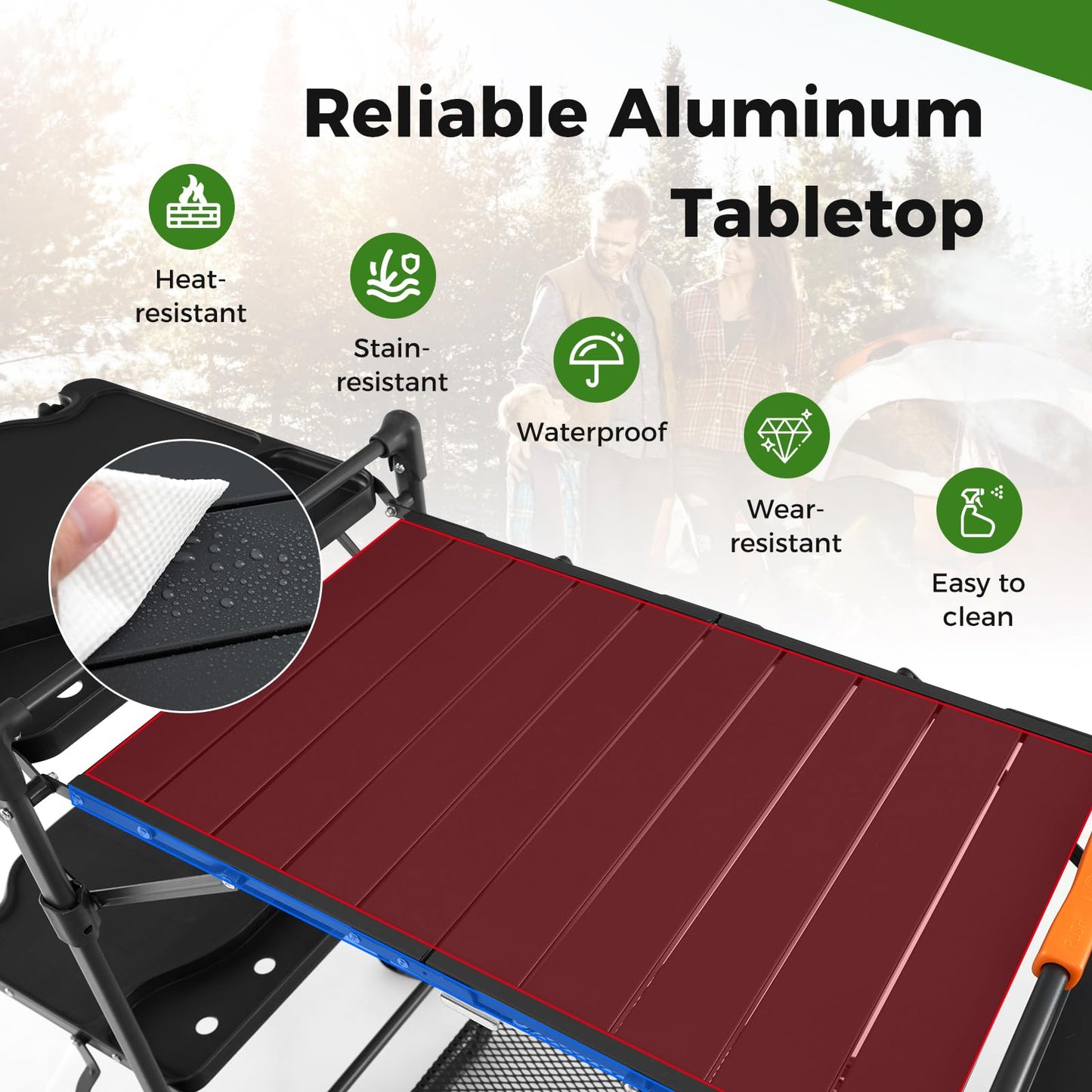 Folding Portable Camping Kitchen Table w/Heat-Resistant Aluminum Tabletop