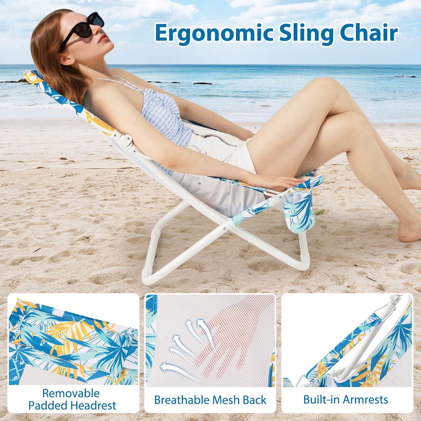 Folding Low Beach Chair Set of 2 with Padded Head Pillow